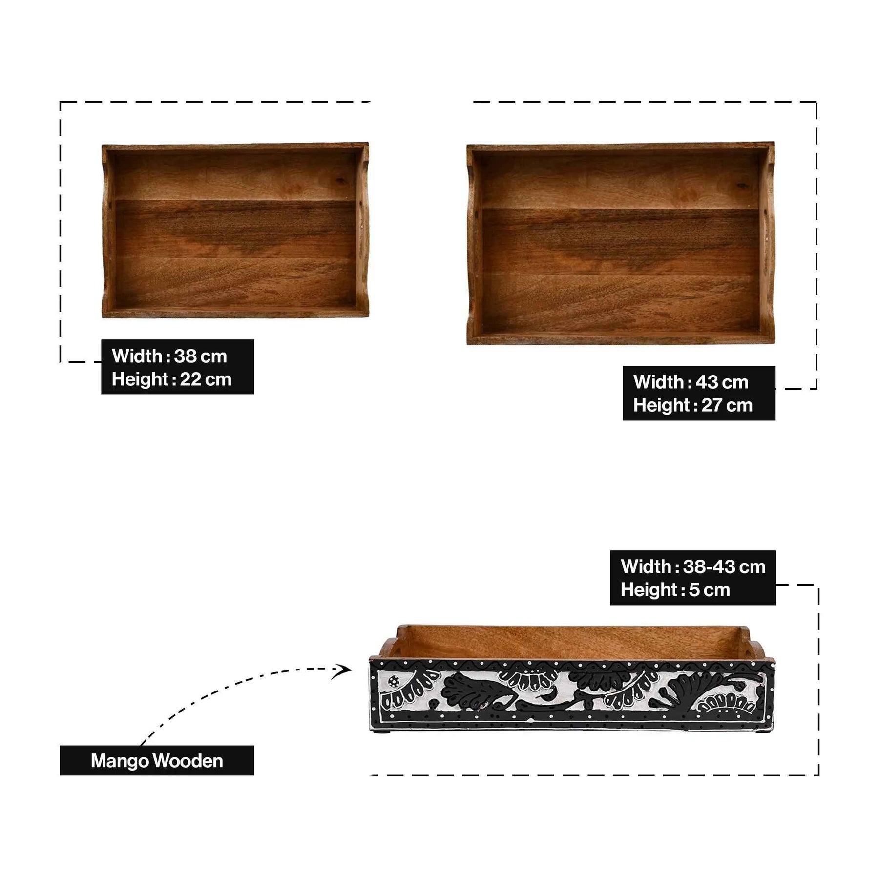 Wooden Breakfast & Snack Serving Tray with Black Floral Design