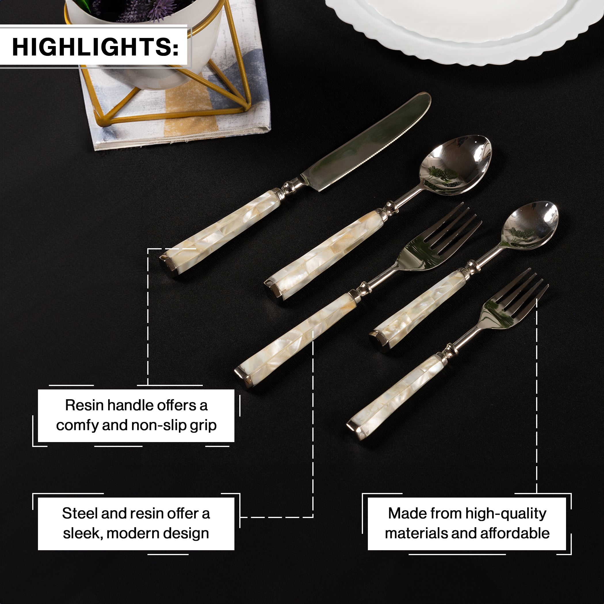 Mother Of Pearl Stainless Steel Cutlery Set Of 5