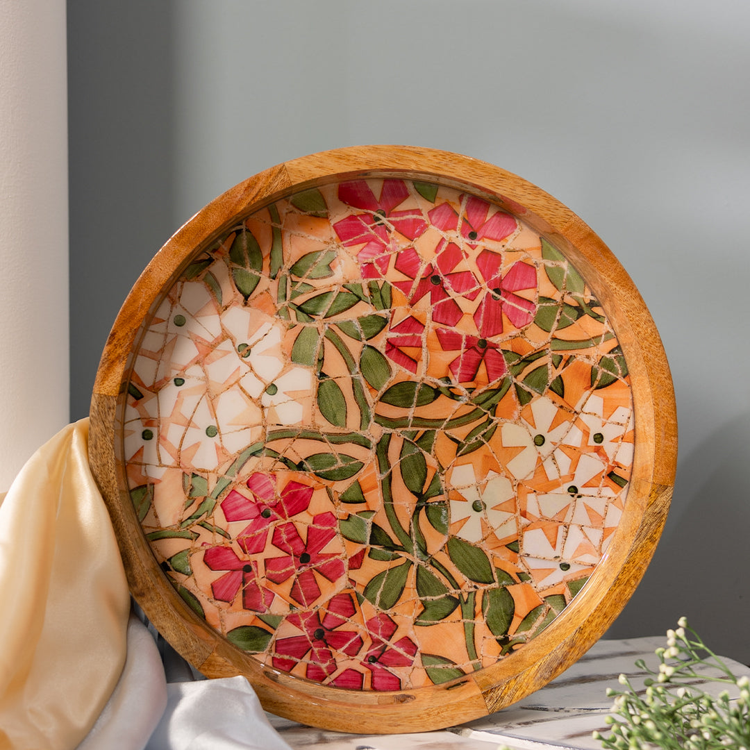 Handcrafted Mango-Wood Wooden Round Tray Flower Branch Design-Single