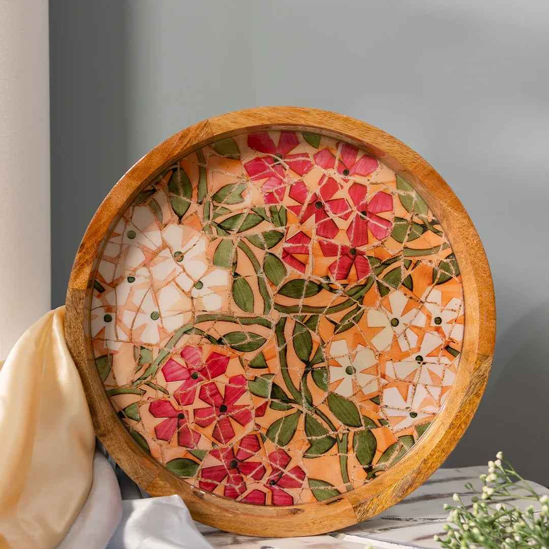 Premium Mango Wood Round Serving Tray in Mosaic