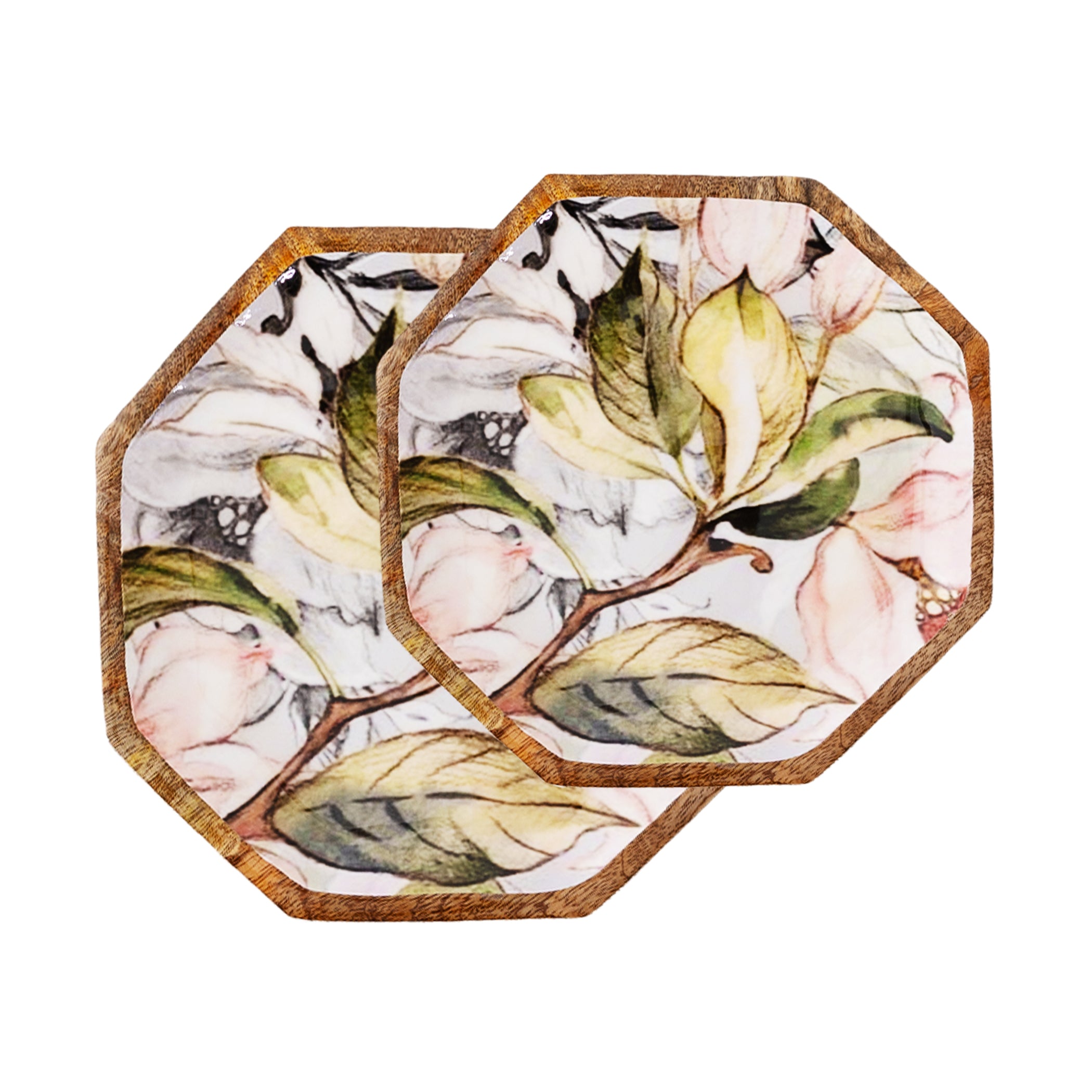 Handcrafted Mango-Wood Floral Grey Printed Platters Tray-Set Of 2