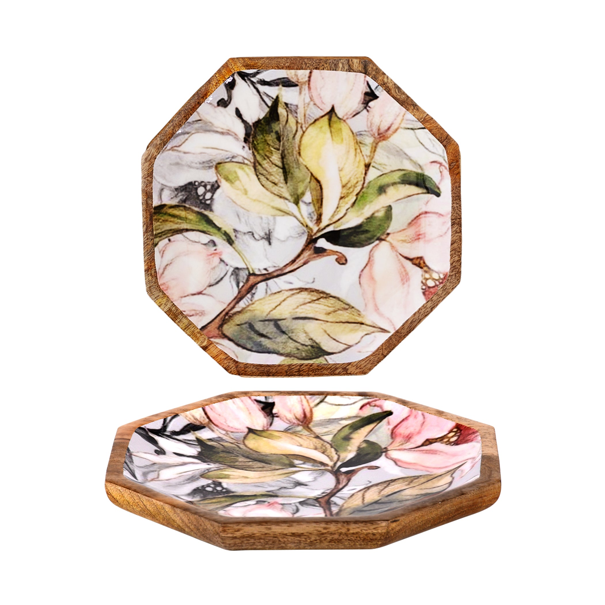 Handcrafted Mango-Wood Floral Grey Printed Platters Tray-Set Of 2