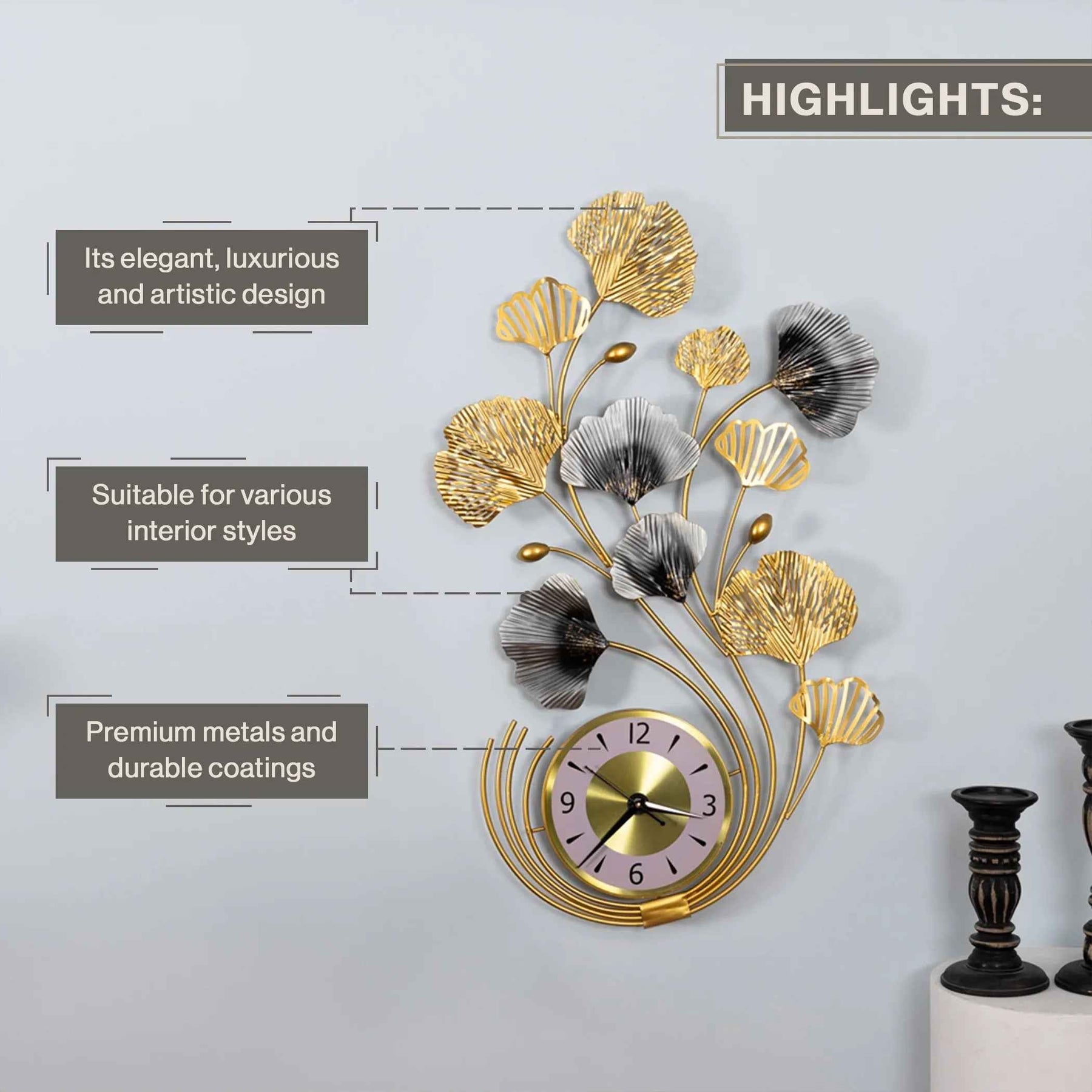 Modern Ginkgo Leaf Metal Wall Clock in Gold