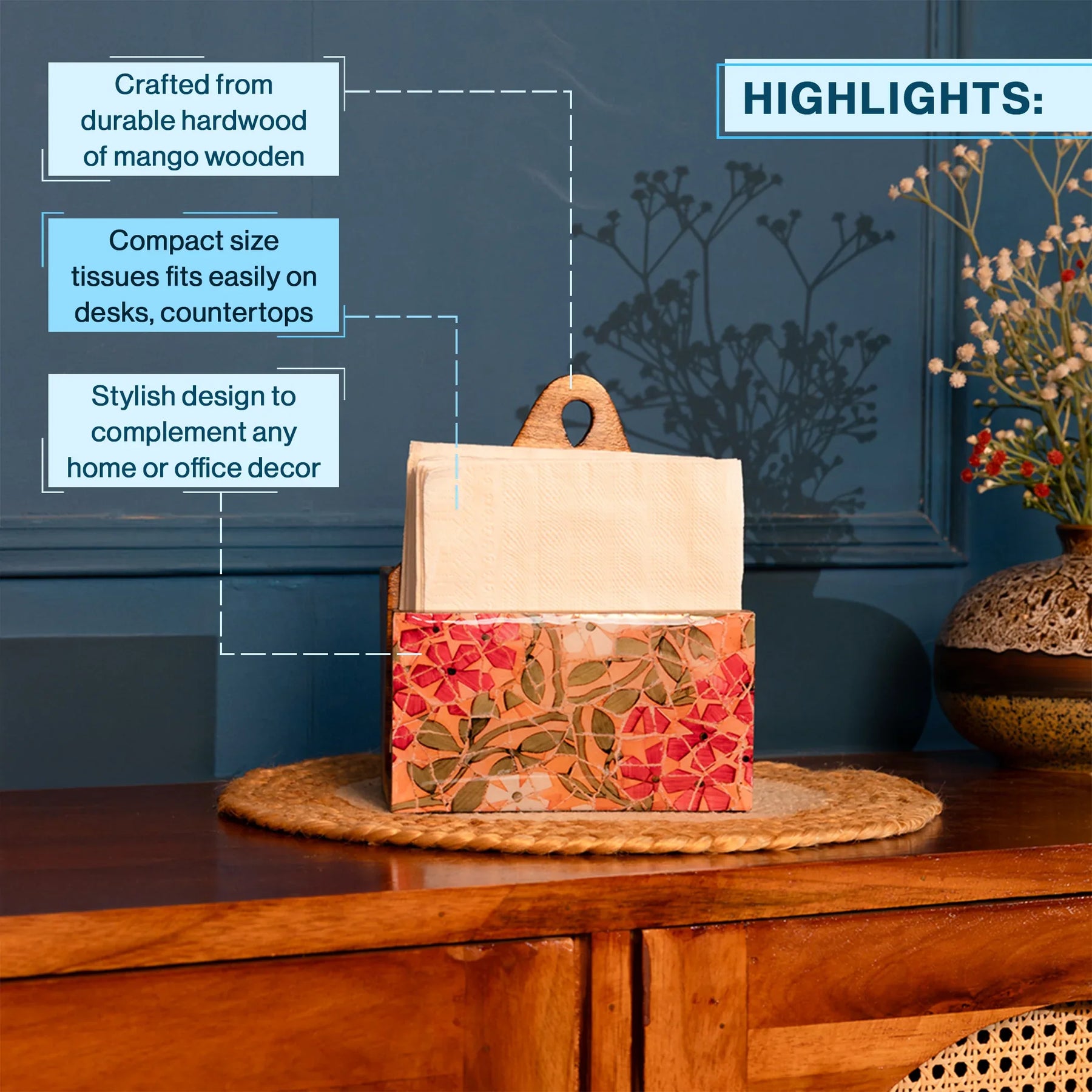 Hand-painted Mango Wooden Tissue & Cutlery holder in Mosaic Pattern