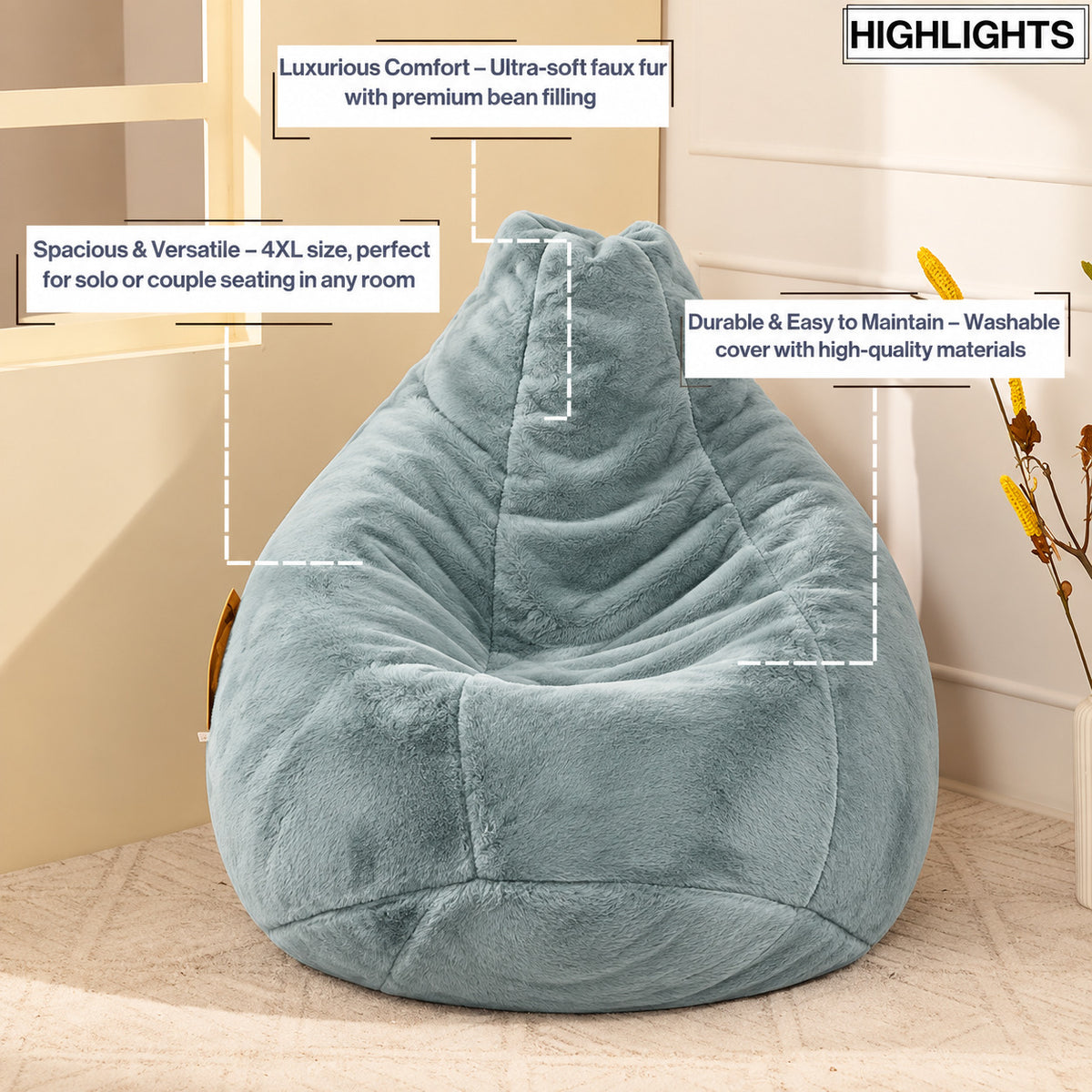 4XL Fur Bean Bag with Beans for Adults