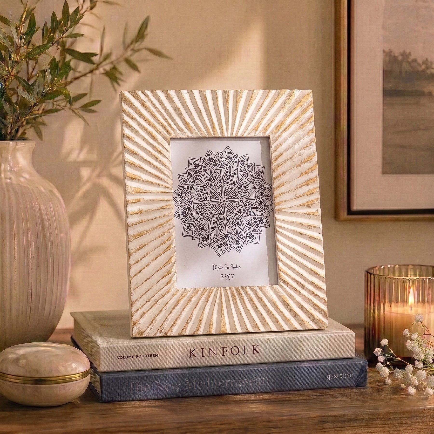 Handcrafted Wooden Sunburst Photo Frame in White & Gold