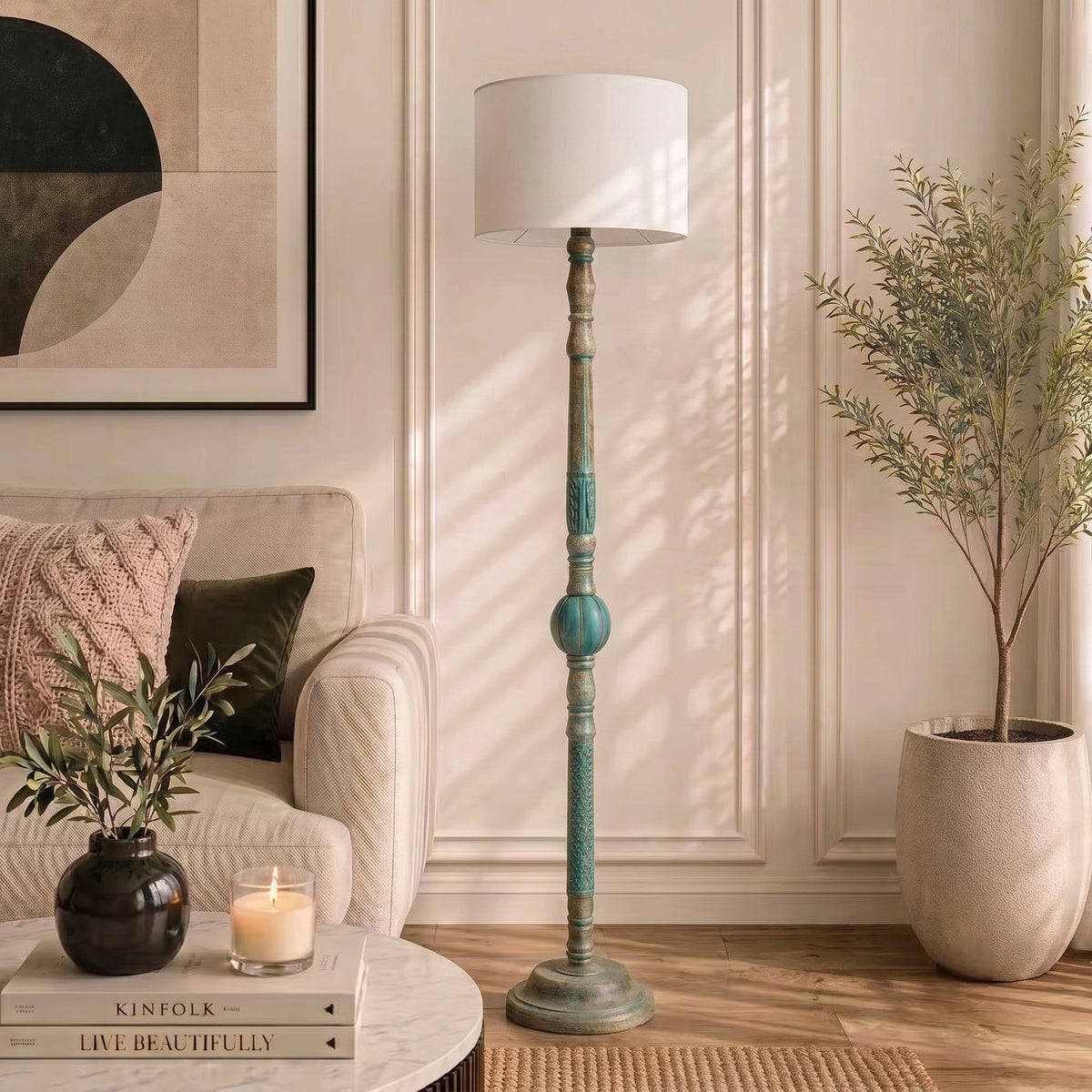 Wooden Floor Lamp with Shades for Living Room – Tall Vintage Standing Lamp