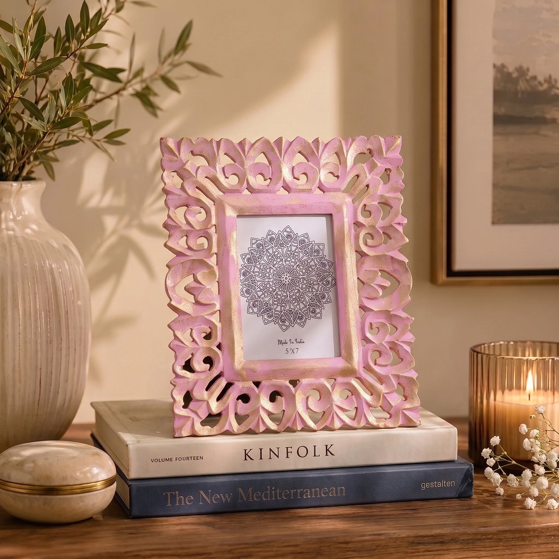 Handcrafted Wooden Antique Pink Photo Frame