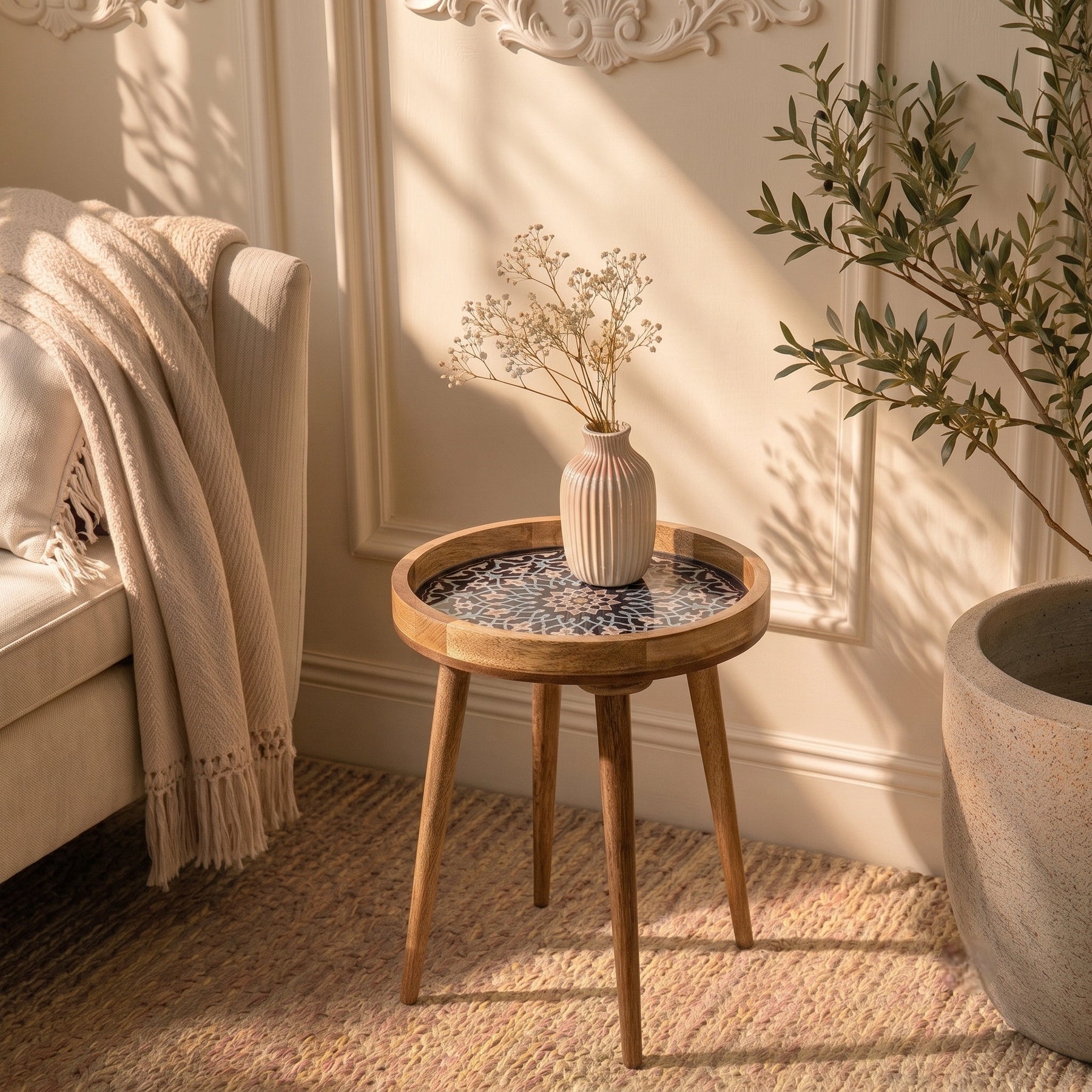 Mango Wood Round Side Table For Living Room In Mandala