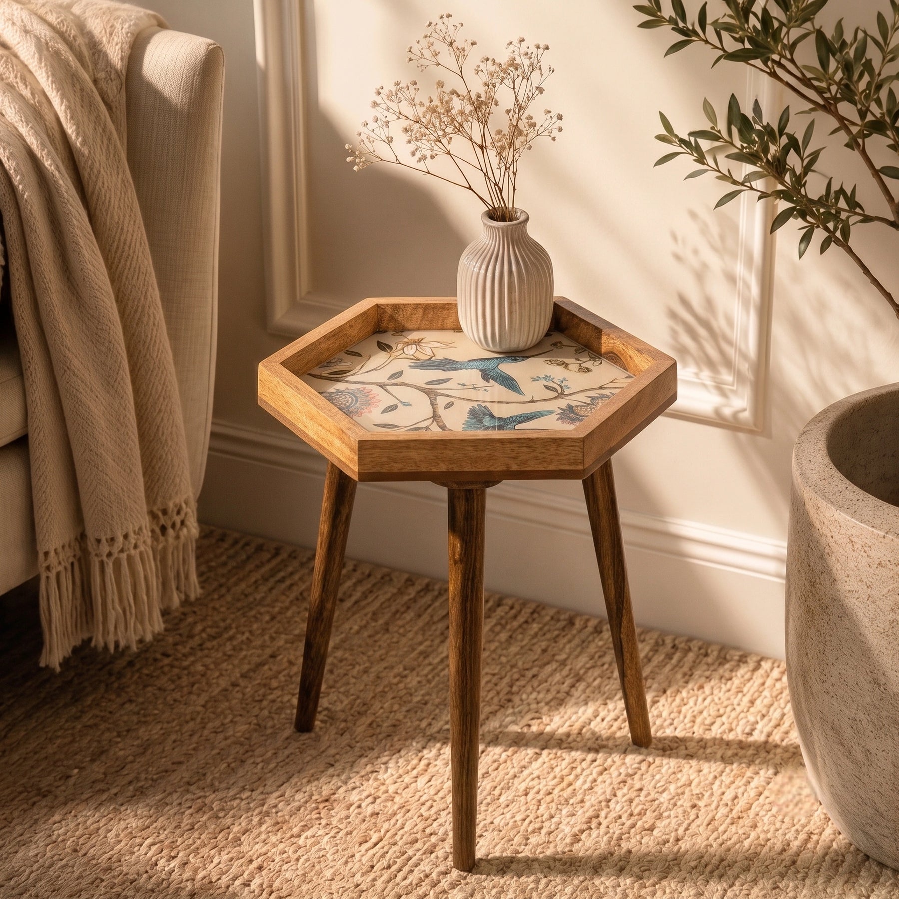Round Wooden Bed Side Table with Mangolia Lotus Design