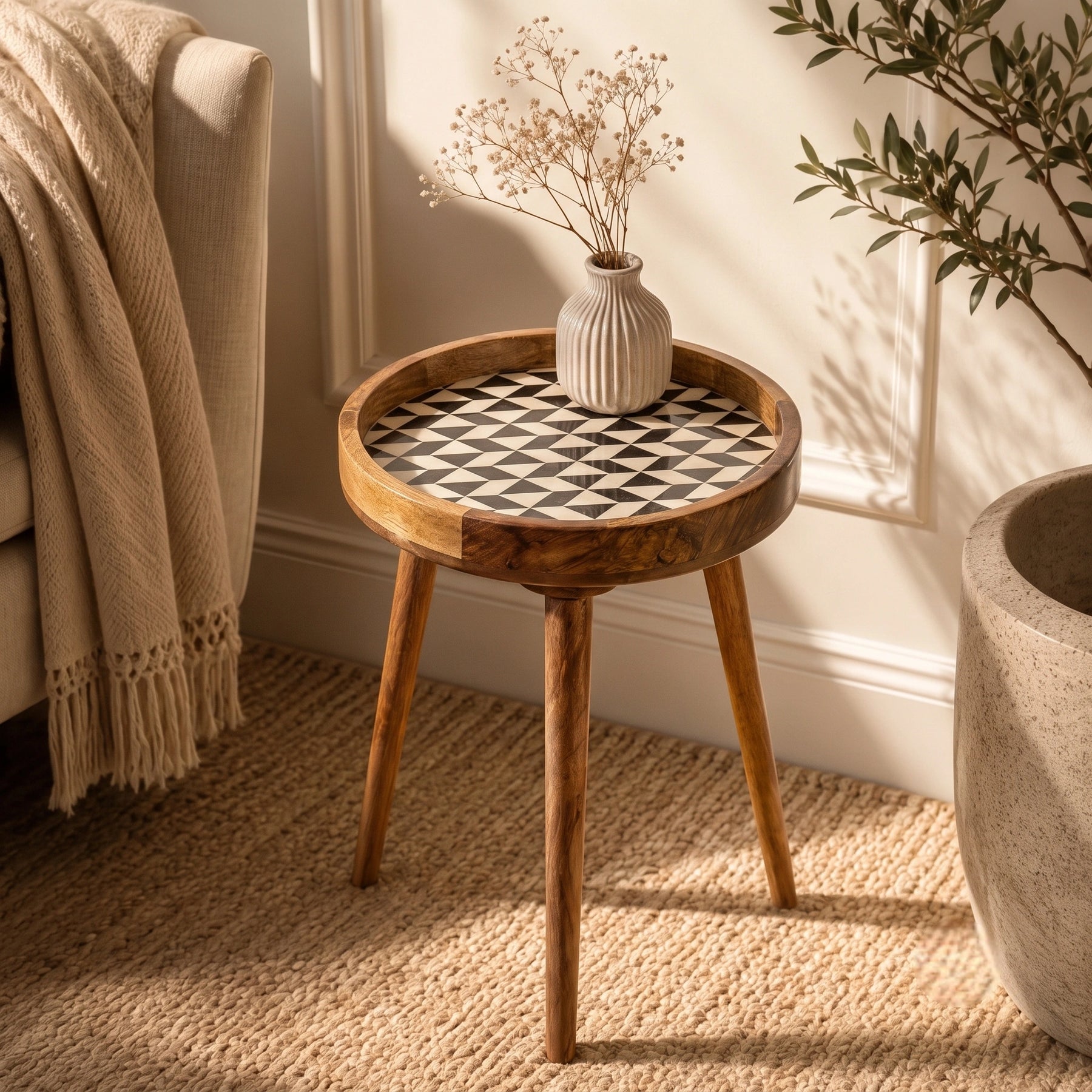 Round Side Table in Black & White - Bedside Table