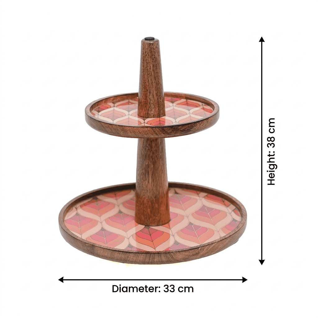 Wooden Serving Tray 2-Tier in Floral Mosaic – Dessert & Snack Stand for Kitchen & Home Decor