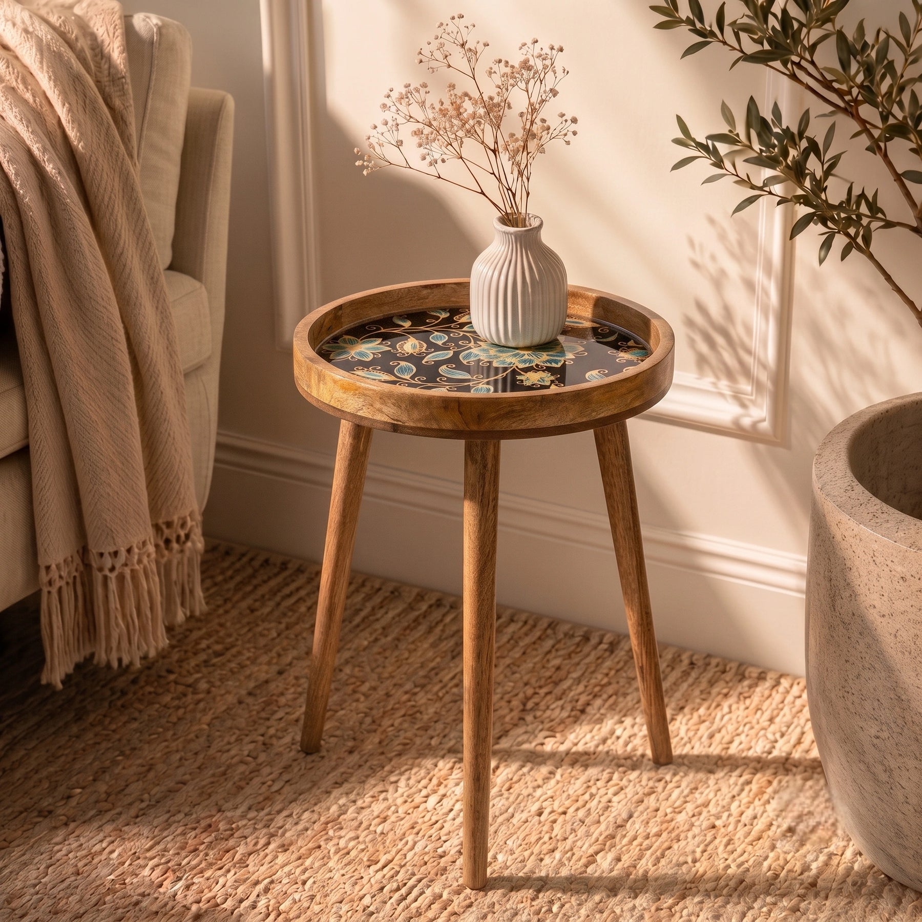 Round Coffee Side Table in Blue Flower Petals - Side End Table for Living Room & Bedroom