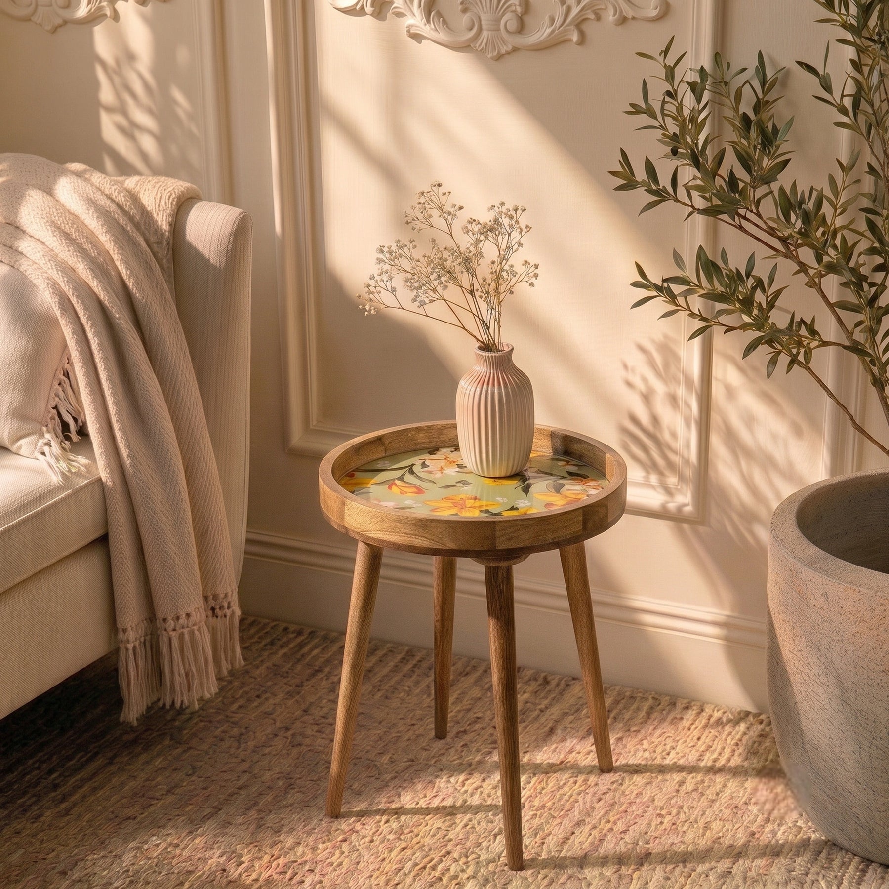 Mango Wood Side End Table Yellow Flower Petals for Living Room