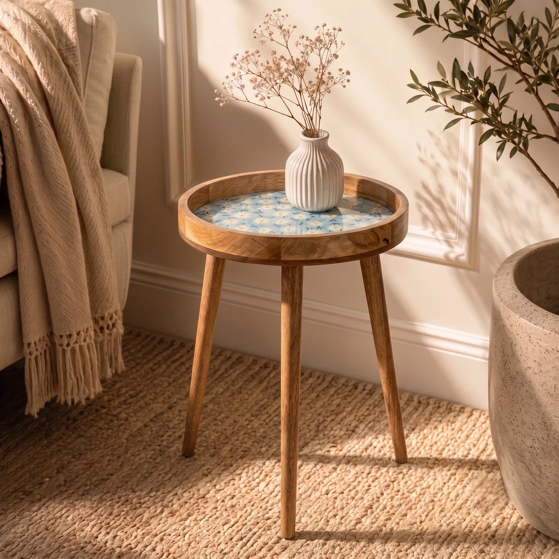 Wooden Side Table in Sunflower Pattern For Living Room & Bedroom