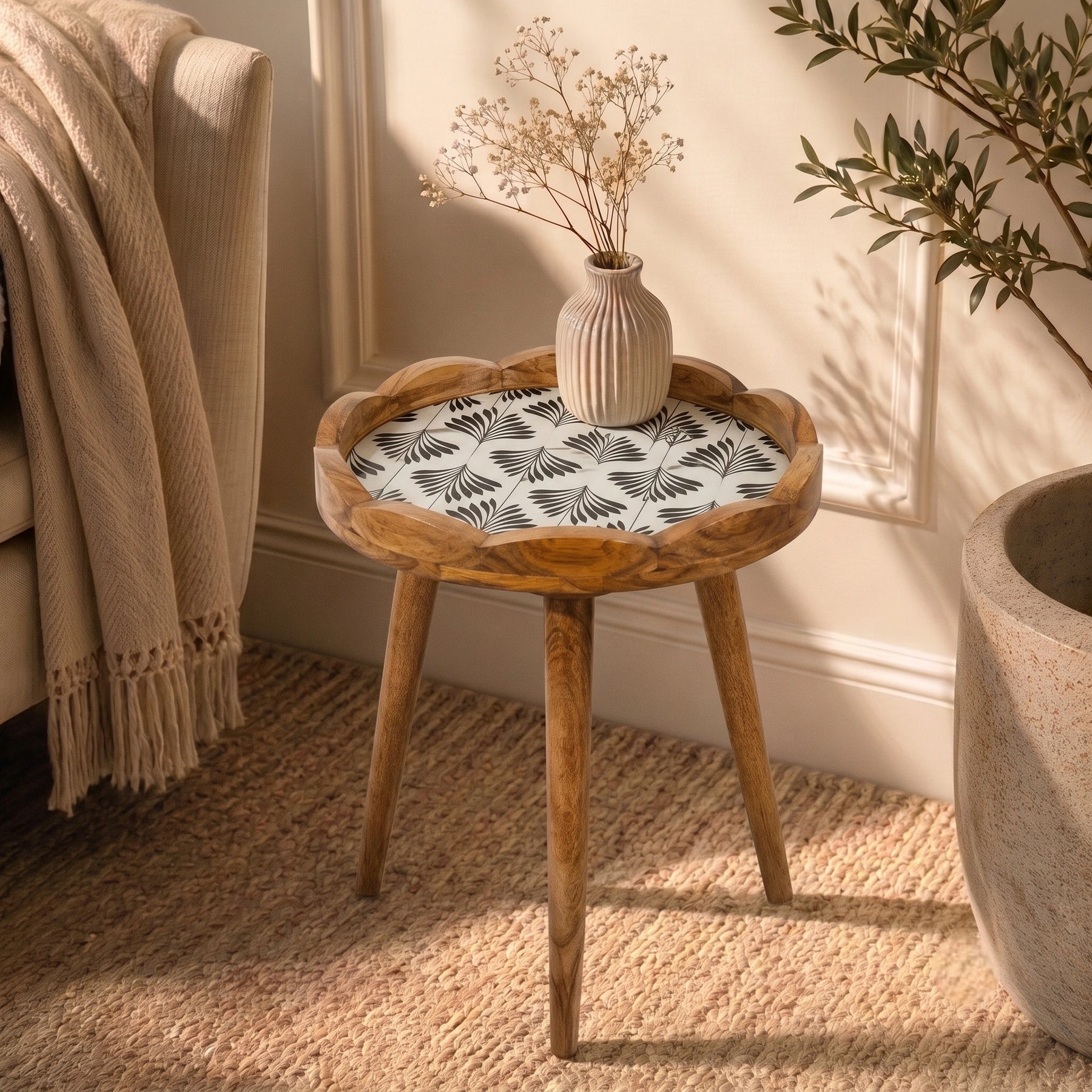 Premium Mango Wood Side Table with Palm Leaf Design