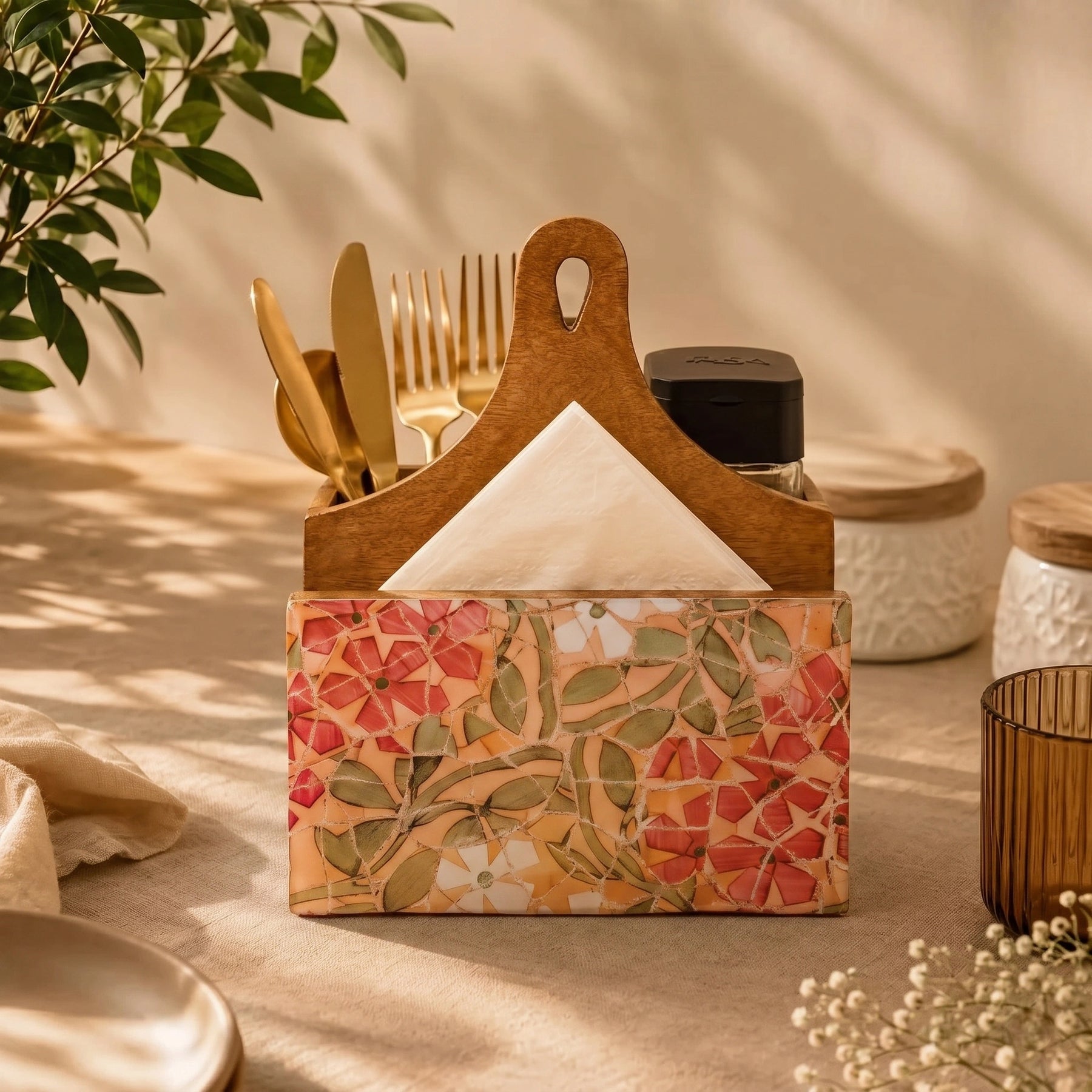 Decorative Mango Wood Tissue Holder with Mosaic Design