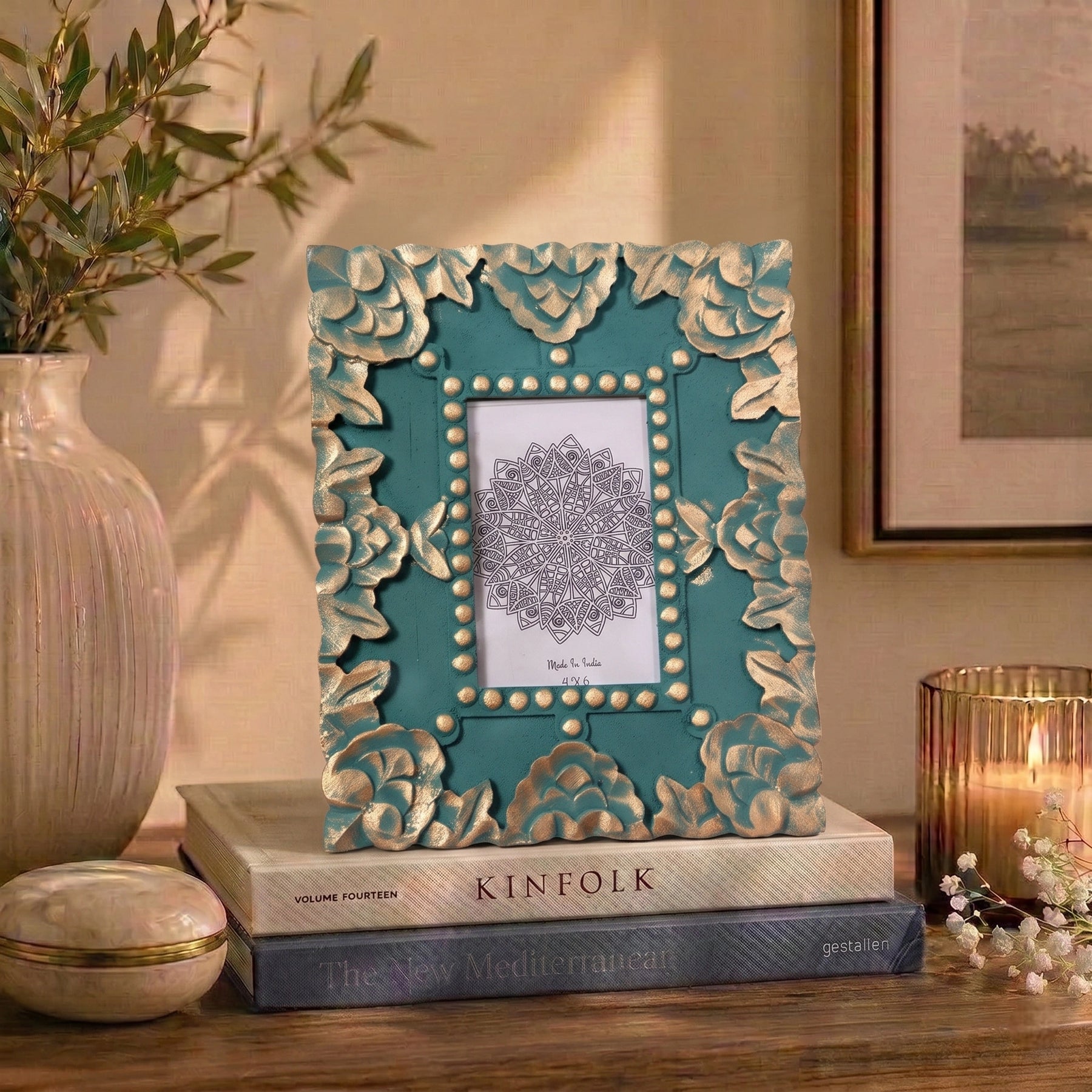 Handcrafted Floral Photo Frame in Sea Green