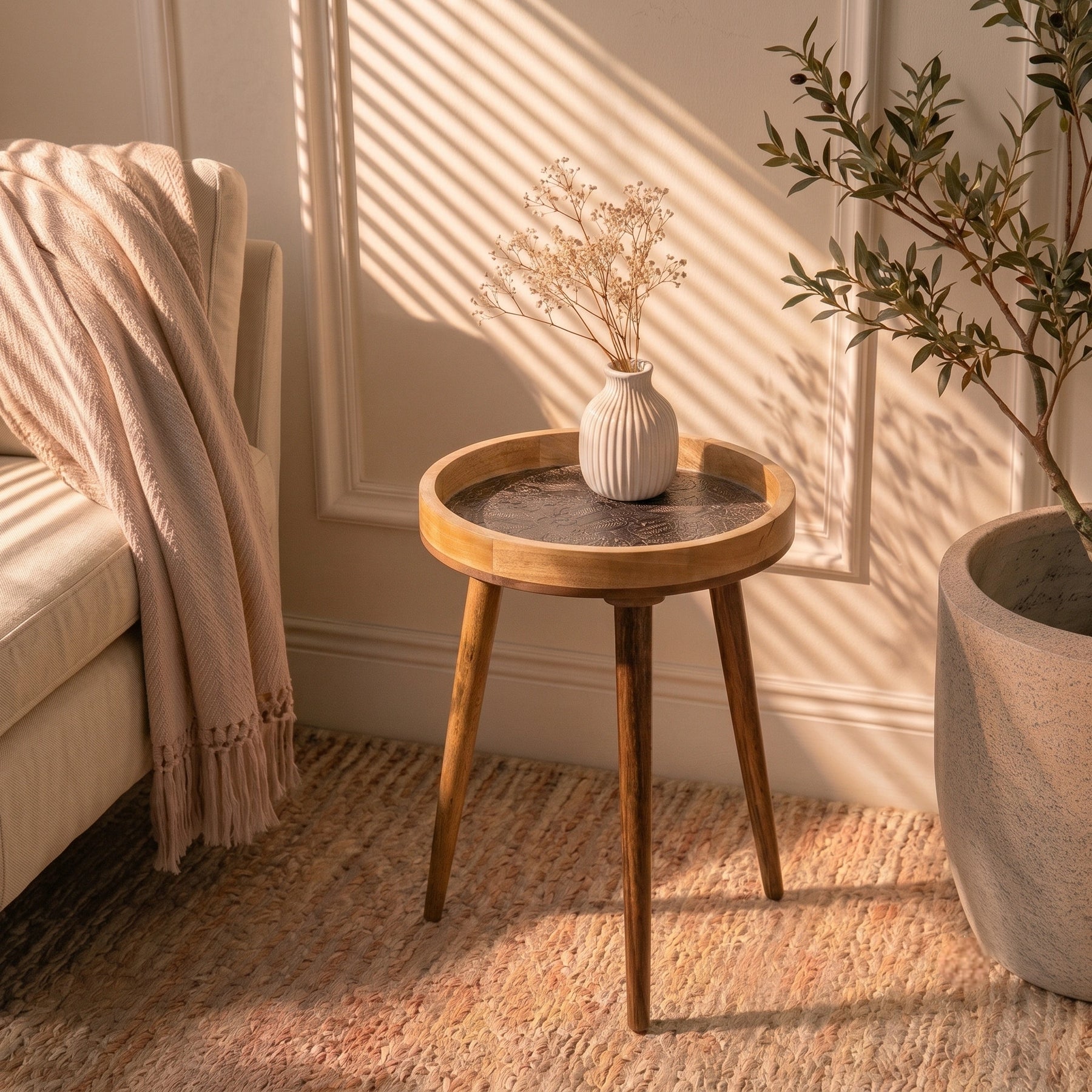 Round Mango Wood Side Table in Rose Gold for Living Room