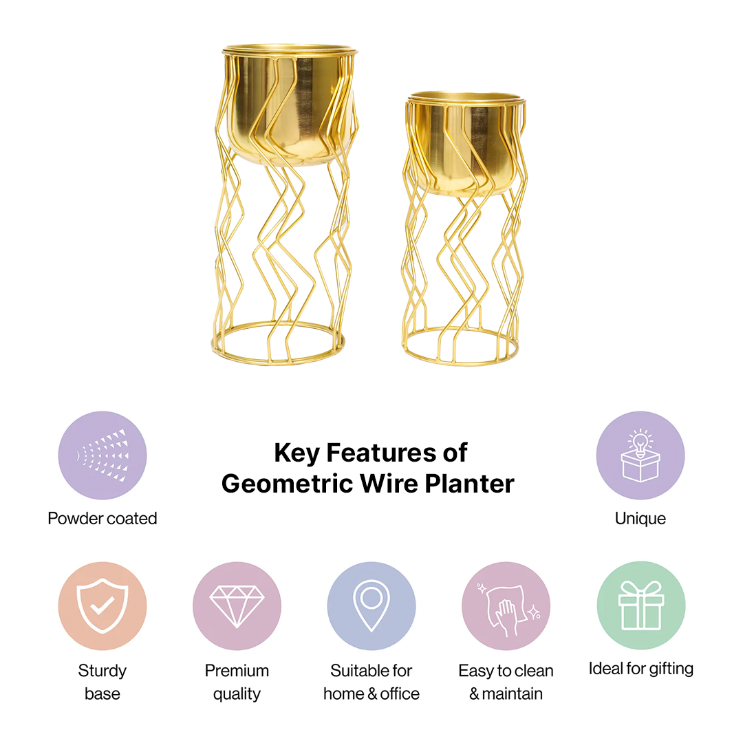 Geometric Wire Gold Planter with Stand Set of 2