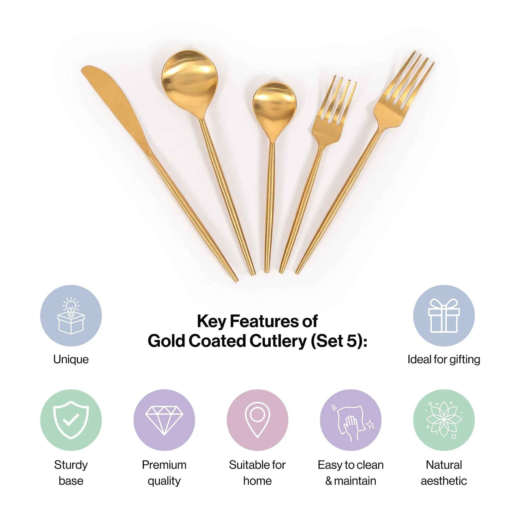 Elegant Gold Stainless Steel Spoon, Fork & Knife Set of 5