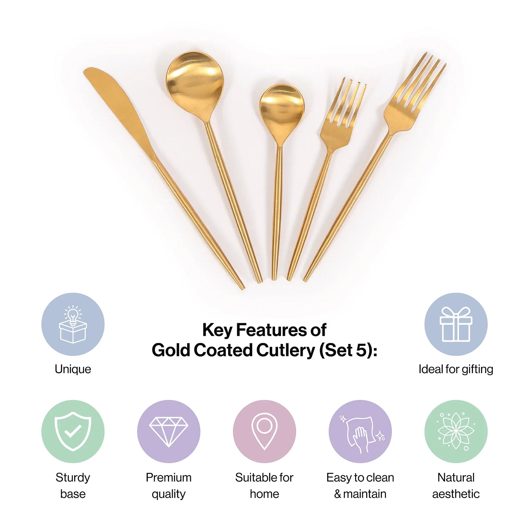 Pvd Gold Coated Stainless Steel Gold-Toned Cutlery Set Of 5