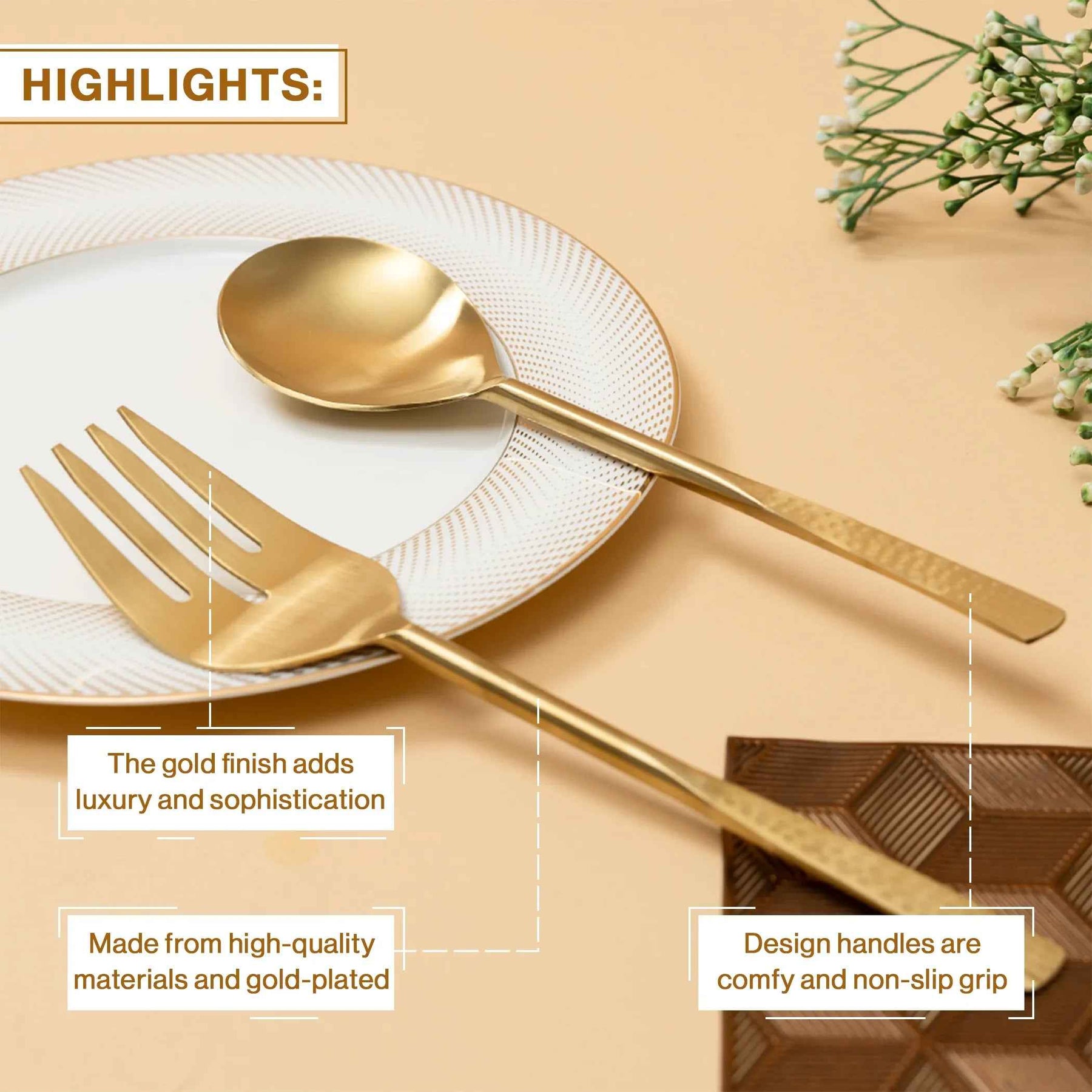 Premium Hammered Gold Serving Spoon & Fork Set