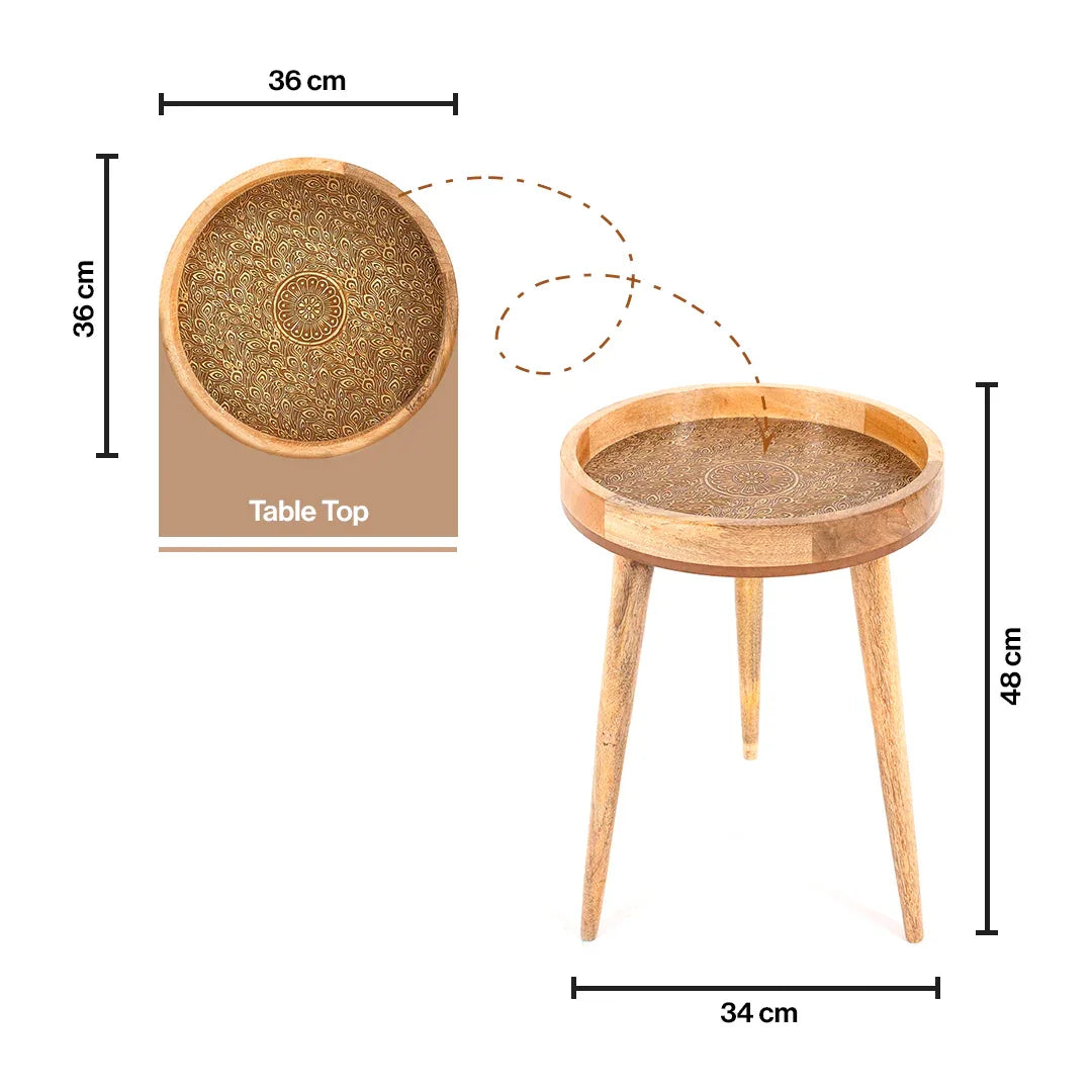 Handcrafted Mango Wood Side Table in Gold Peacock - Bedside Table for Living Room Decor