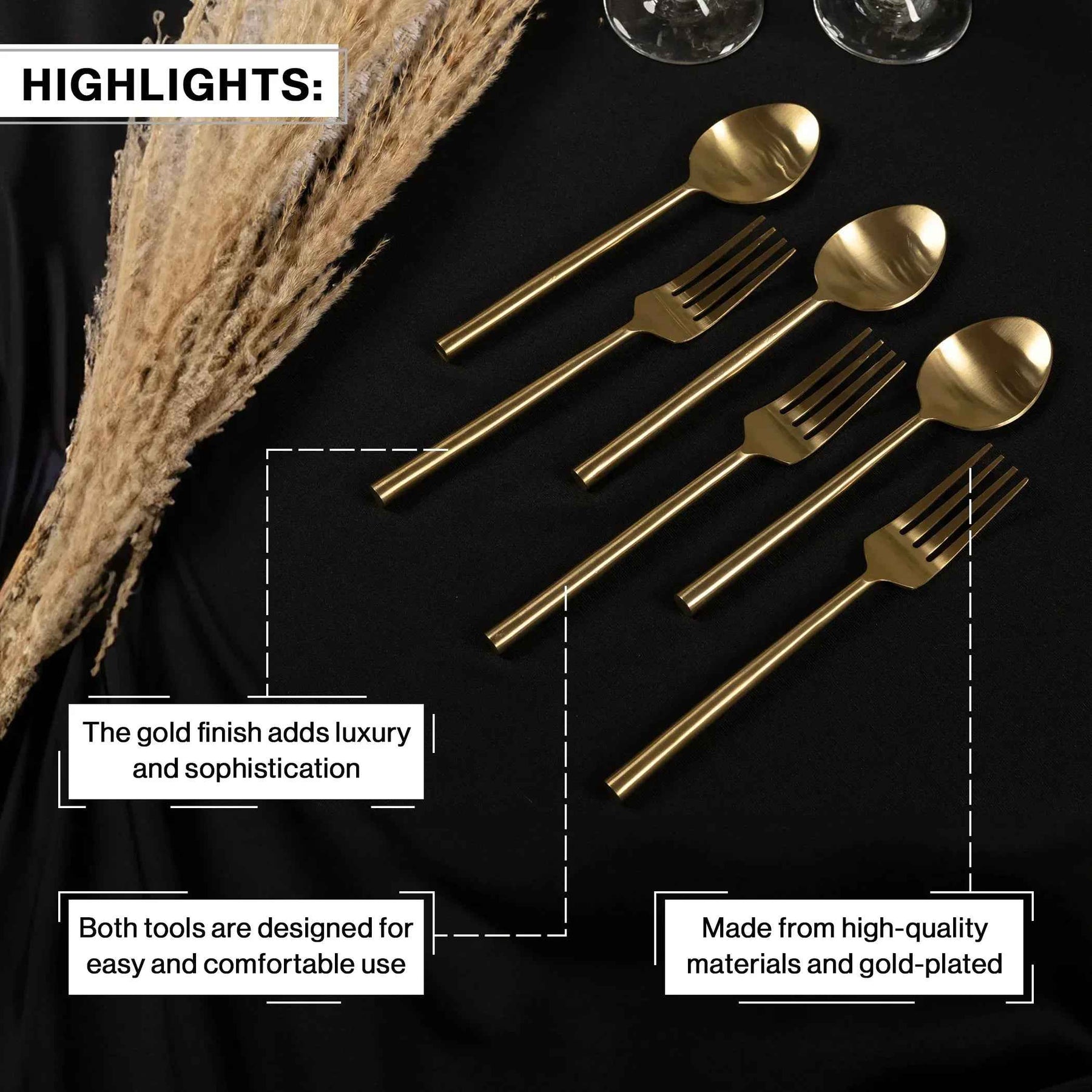Minimalist Gold Stainless Steel Spoon & Fork Set of 6