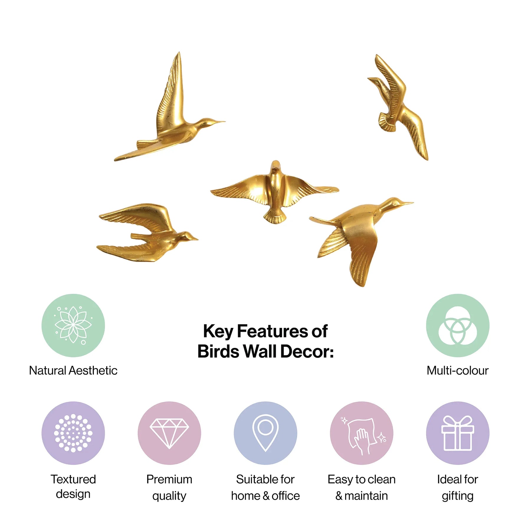 Resin Flying Birds Wall Hanging In Sunlit Aura (Set Of 5)