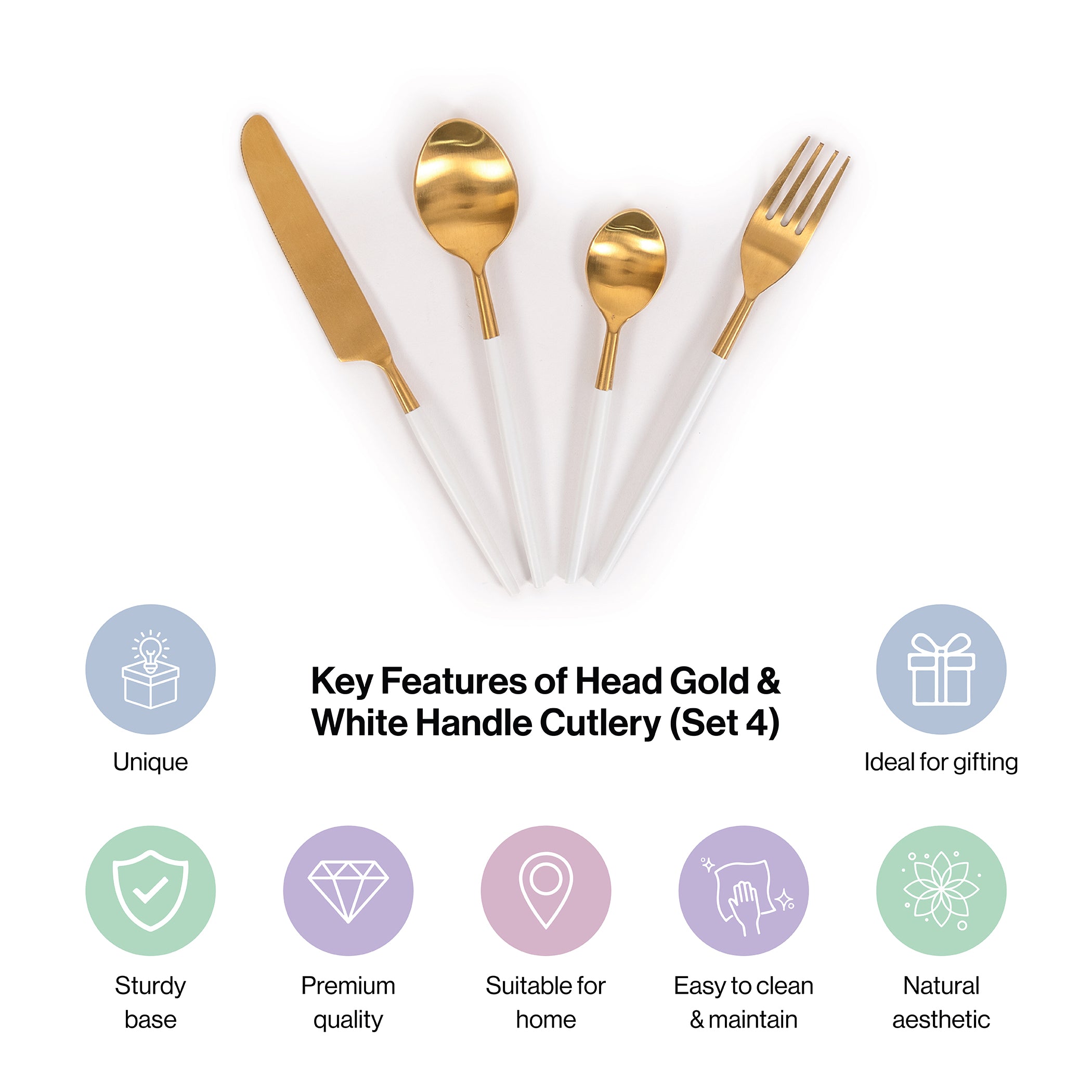 Gold Head Pvd Coated White-Powder Handle Stainless Steel Cutlery Set Of 4