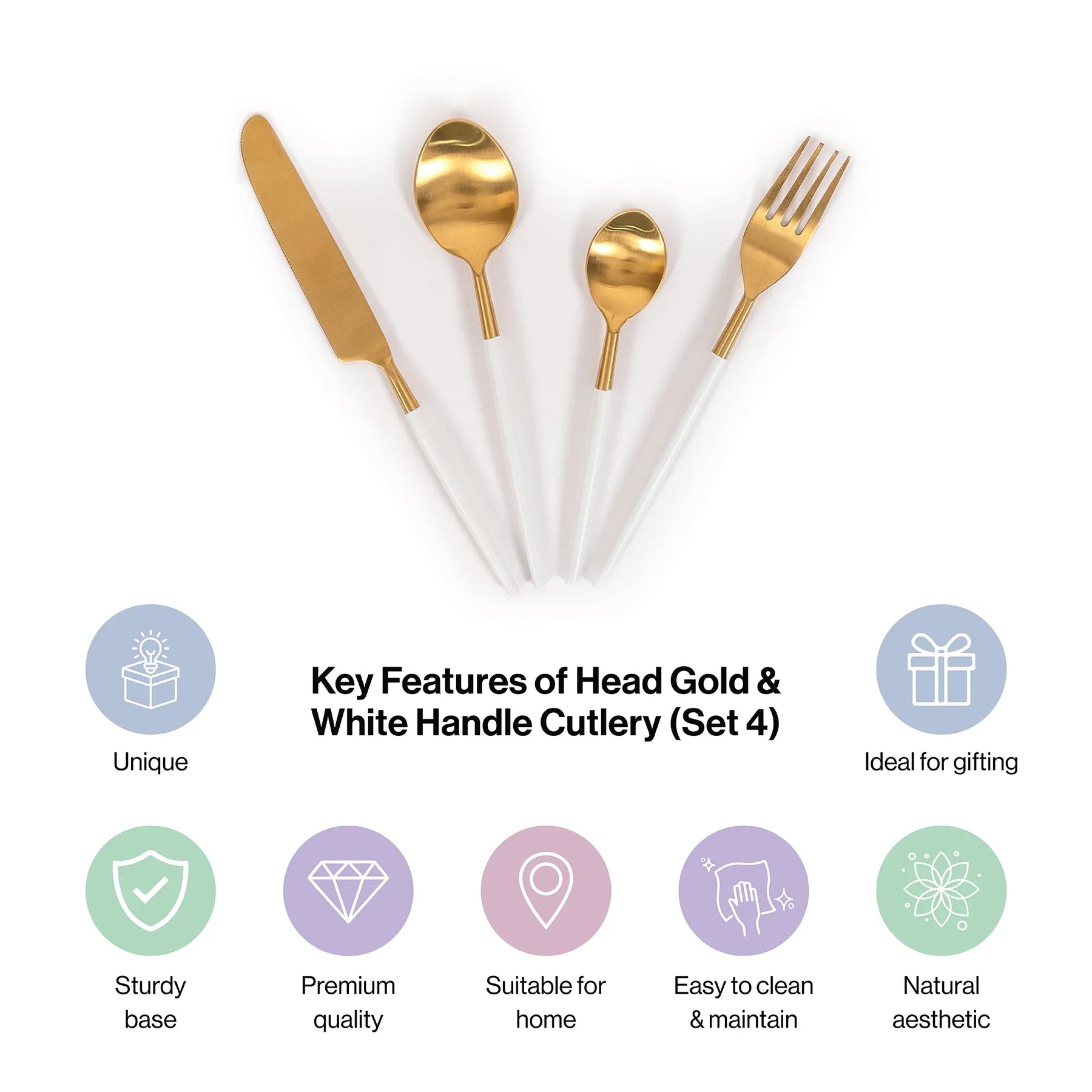 Gold Head Pvd Coated White-Powder Handle Stainless Steel Cutlery Set Of 4
