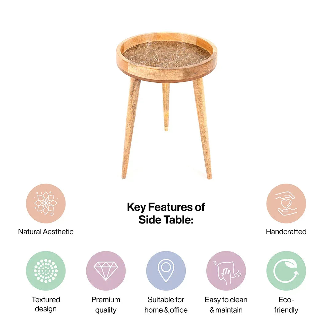 Round Mango Wood Side Table in Rose Gold for Living Room - Bedside Table for Drink & Snacks