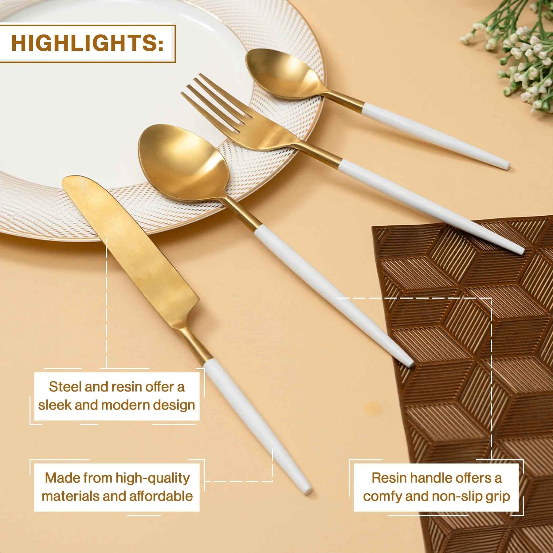 Premium Gold Stainless Steel Cutlery Set with White Marble Handle