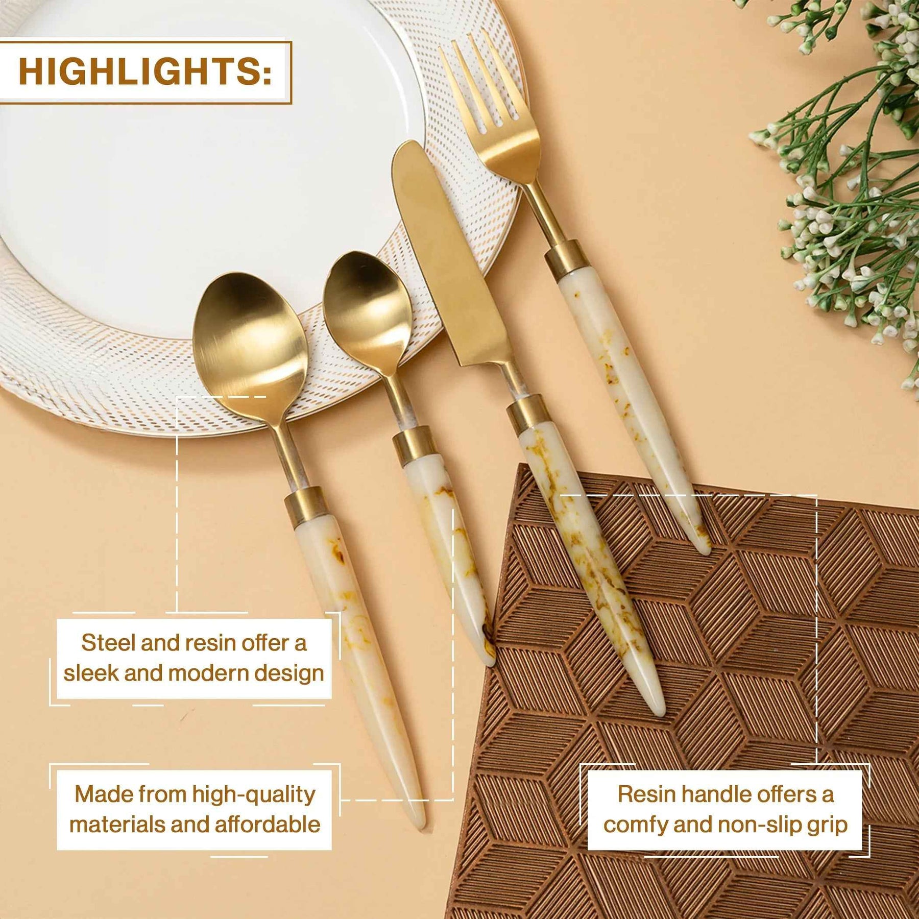 Designer Gold Stainless Steel Cutlery Set with Marble Handle