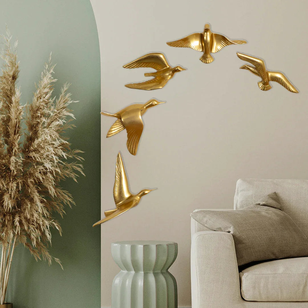 Resin Flying Birds Wall Hanging In Sunlit Aura (Set Of 5)