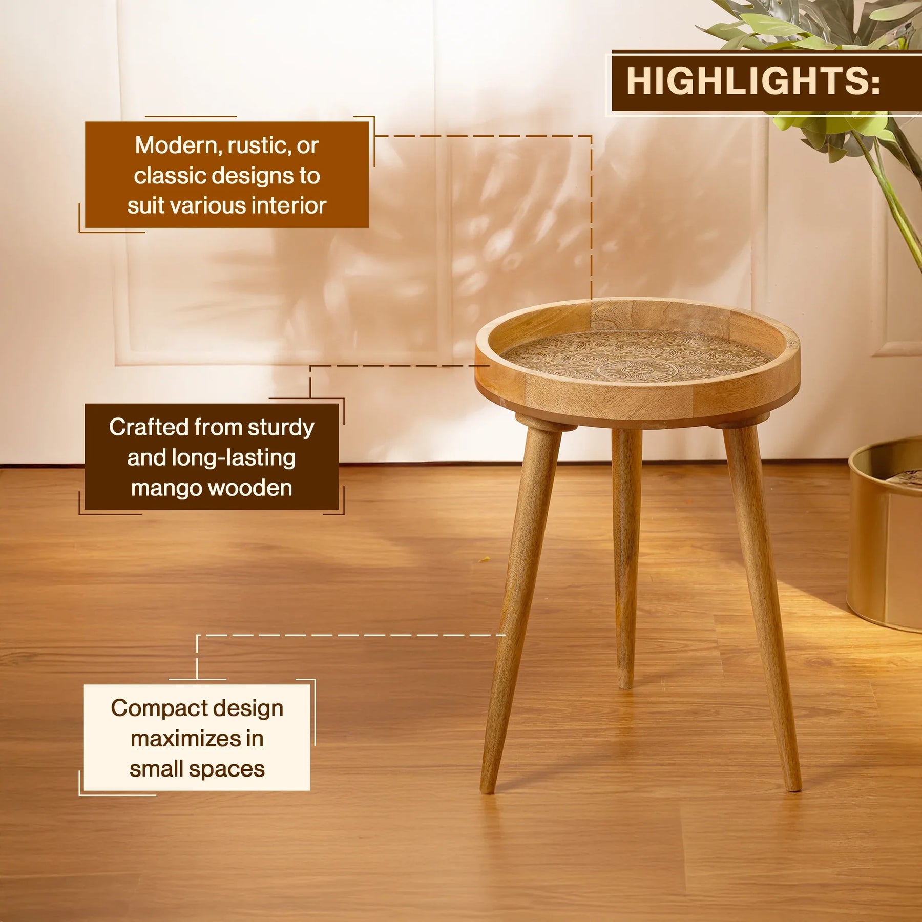 Handcrafted Mango Wood Side Table in Gold Peacock - Bedside Table for Living Room Decor