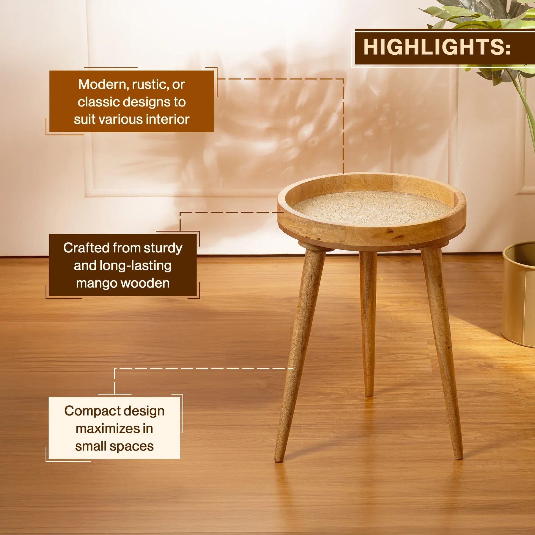 Round Side Tables in White Flower Design for Living Room - Bedside Table for Drink & Snacks