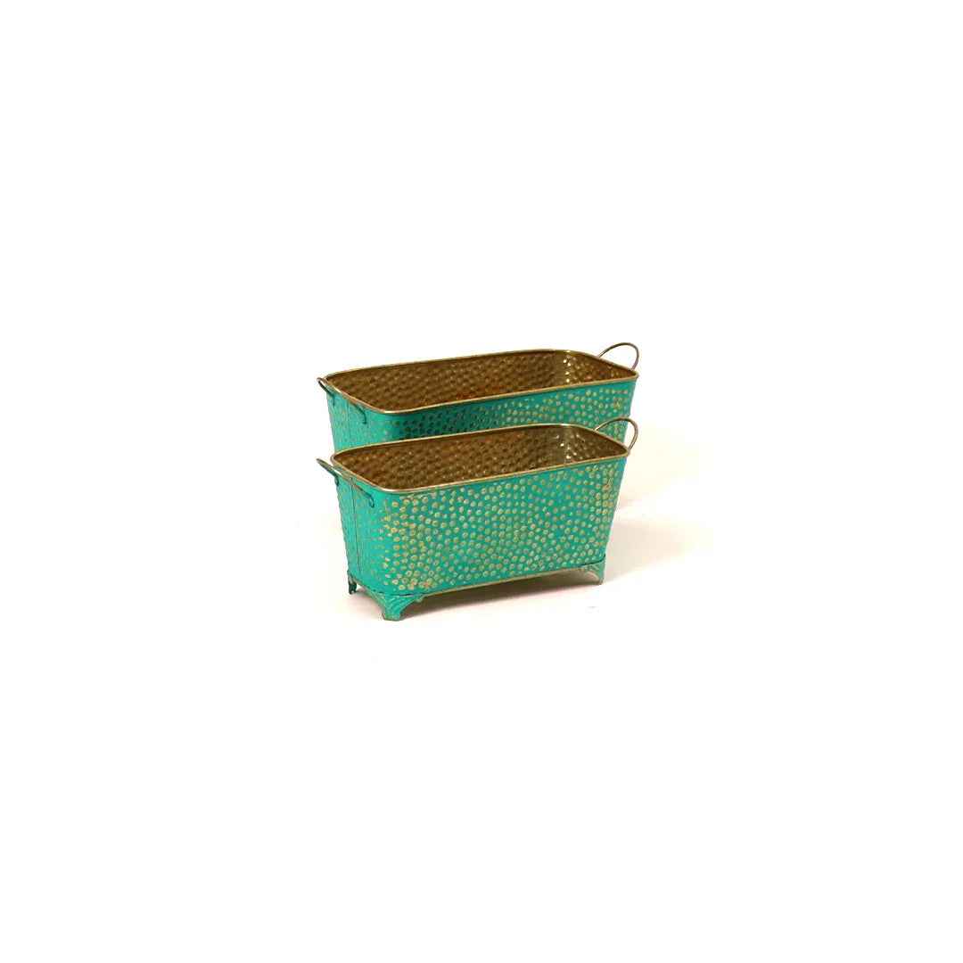 Modern Green Hammered Rectangular Planter Set with Golden Dot