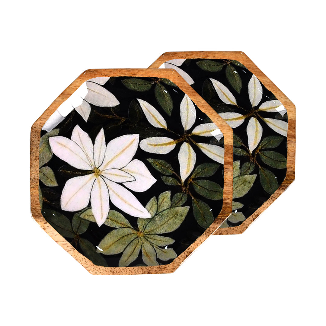 Handcrafted Mango-Wood Rangoon Green Printed Platters Tray-Set Of 2