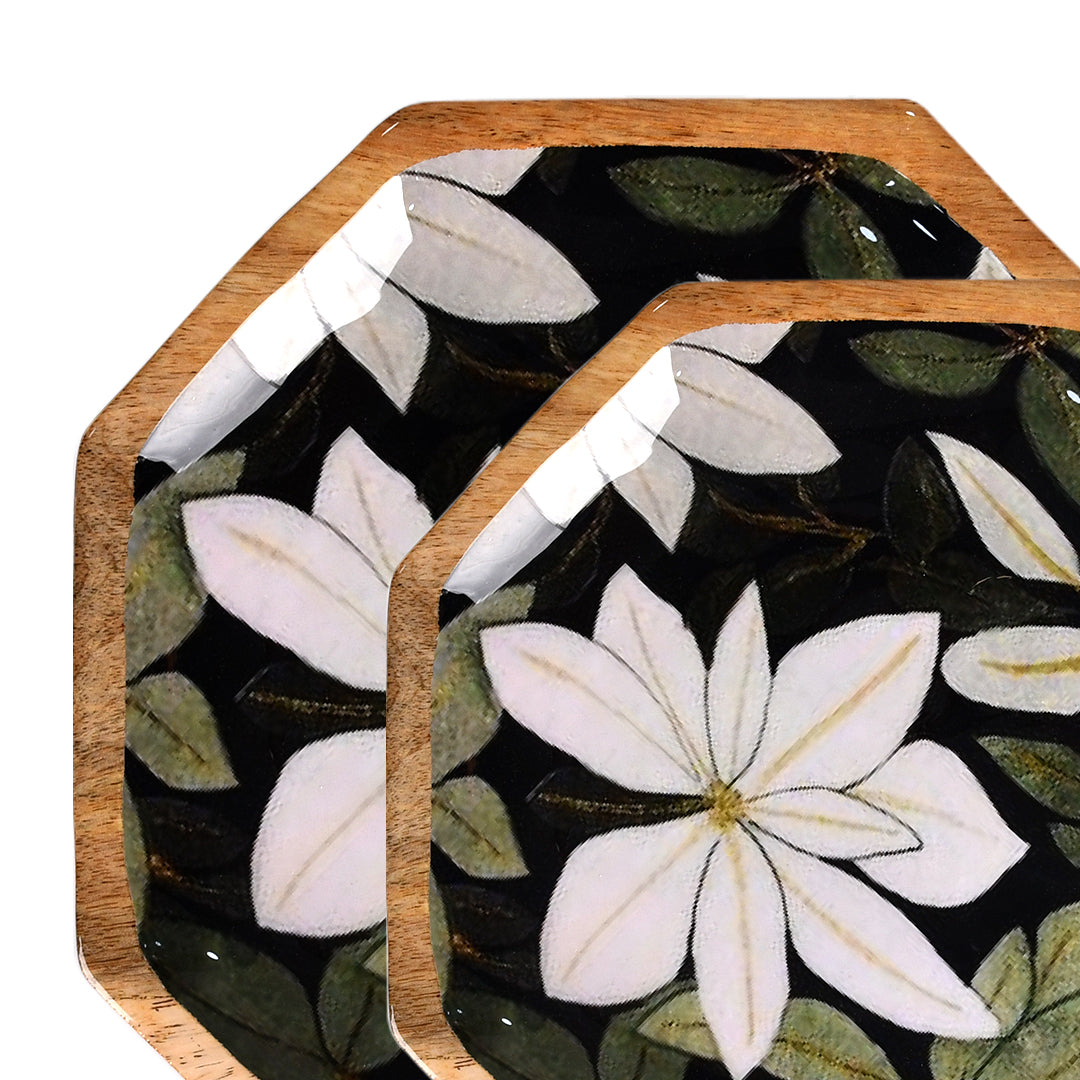 Handcrafted Mango-Wood Rangoon Green Printed Platters Tray-Set Of 2