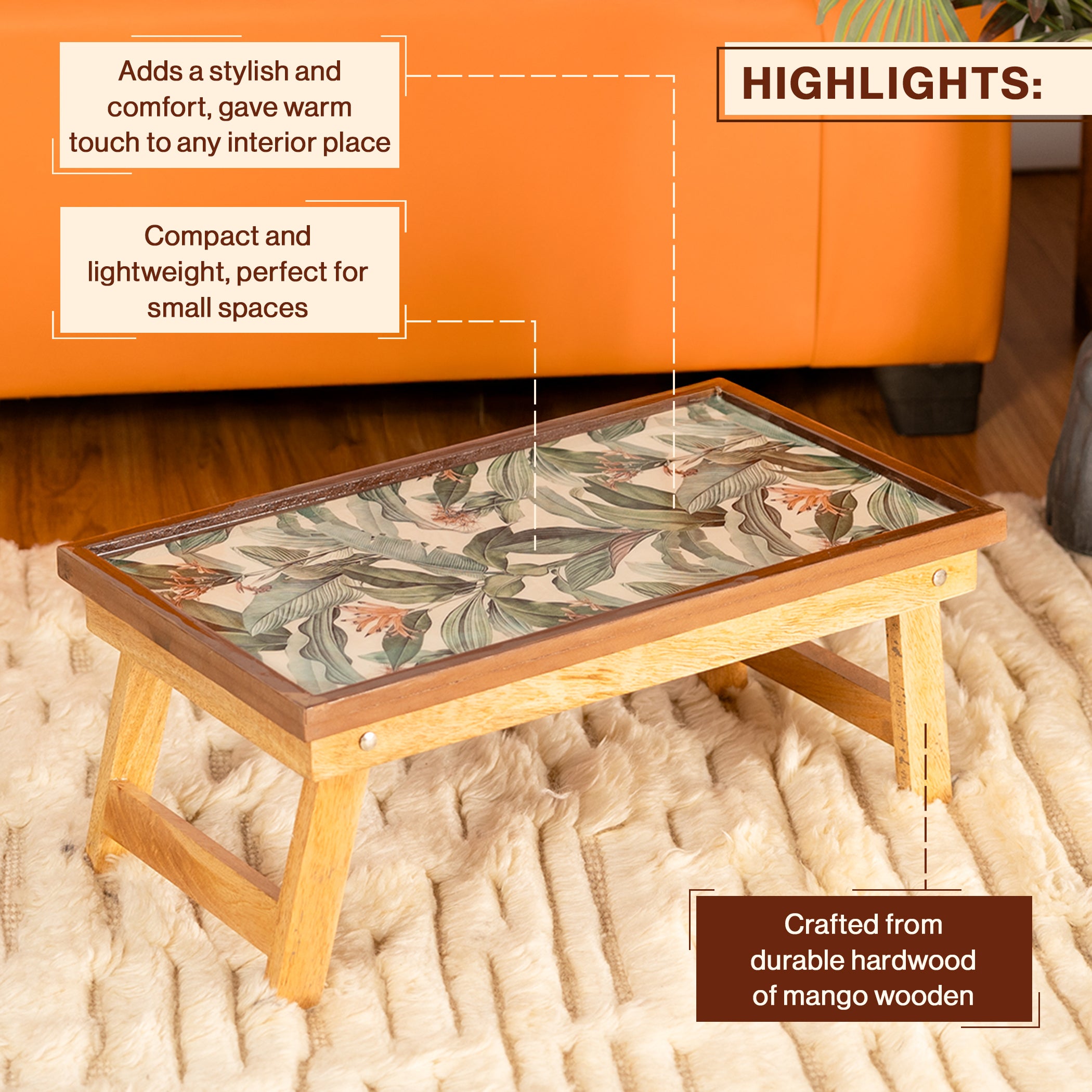 Mango Wood Handmade Fixed Tropical Laptop Table with Epoxy Resin