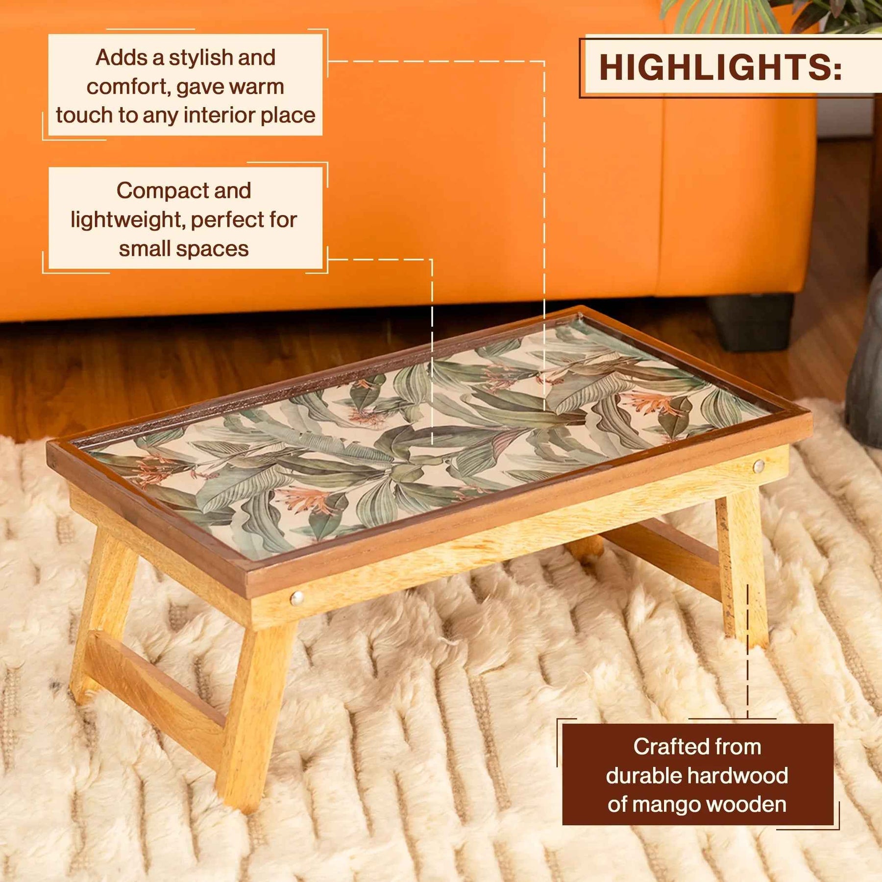 Mango Wood Handmade Fixed Tropical Laptop Table with Epoxy Resin