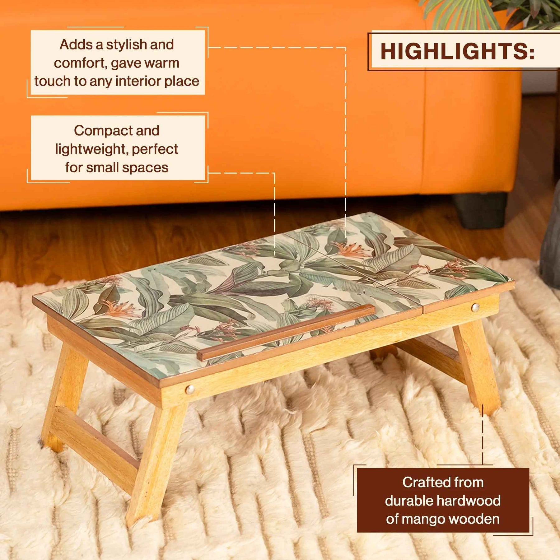 Mango Wood Handmade Folding Laptop Table in Tropical with Epoxy Resin