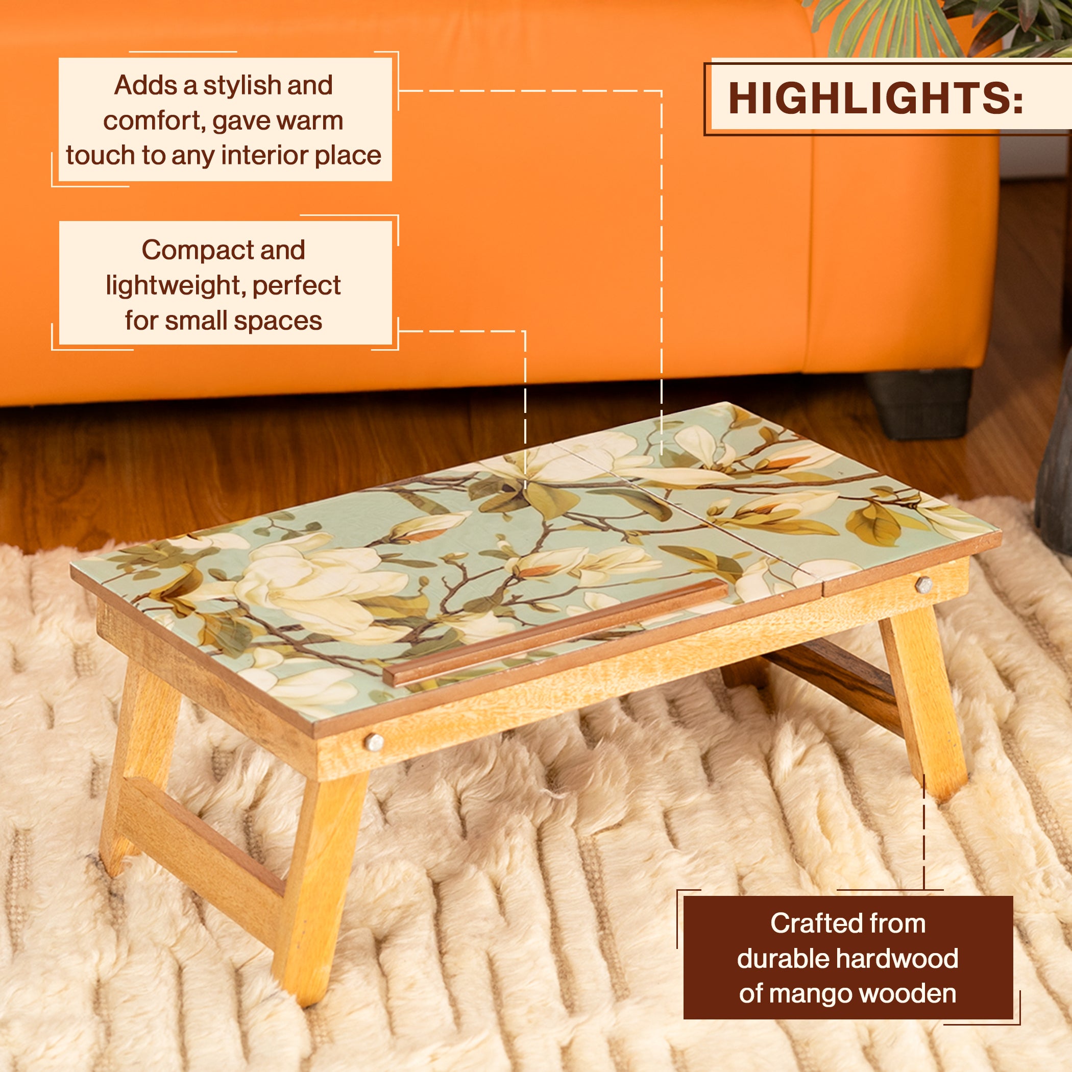 Mango Wood Handmade Folding Laptop Table in Green Magnolia with Epoxy Resin