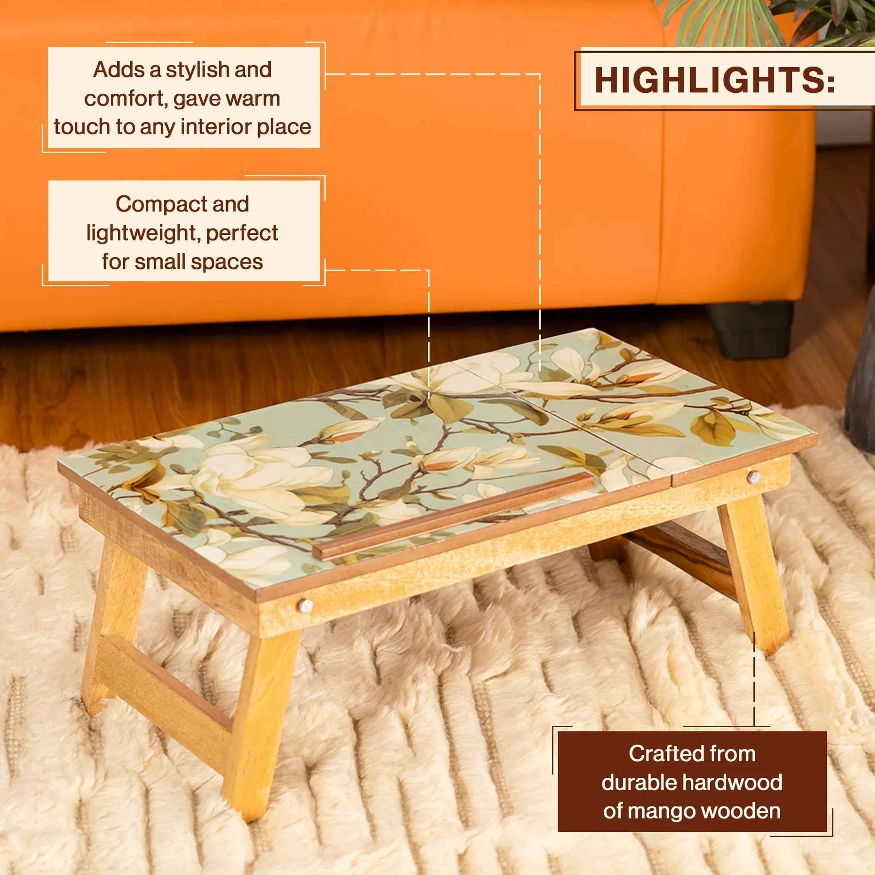 Mango Wood Handmade Folding Laptop Table in Green Magnolia with Epoxy Resin