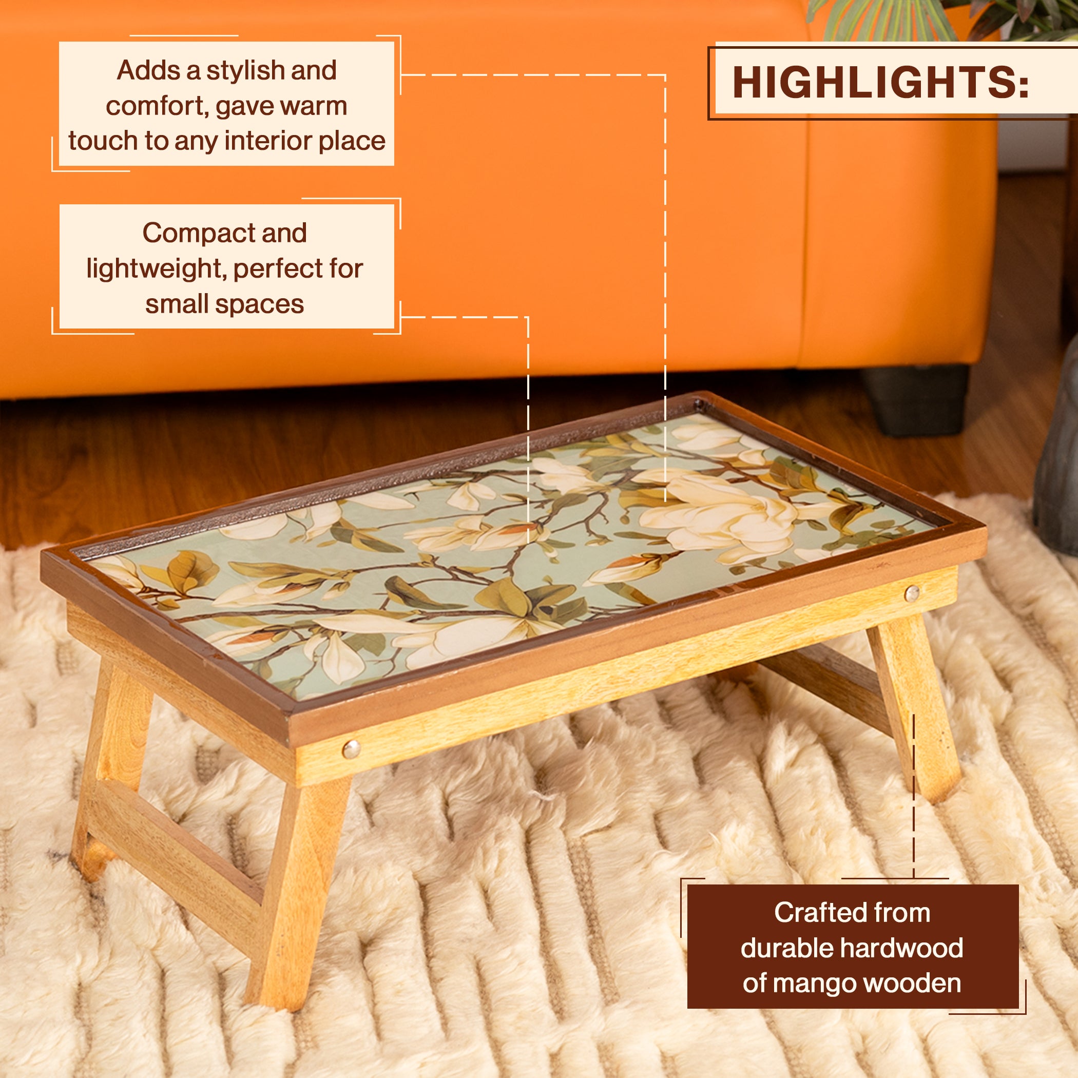 Mango Wood Handmade Fixed Blue Magnolia Laptop Table with Epoxy Resin