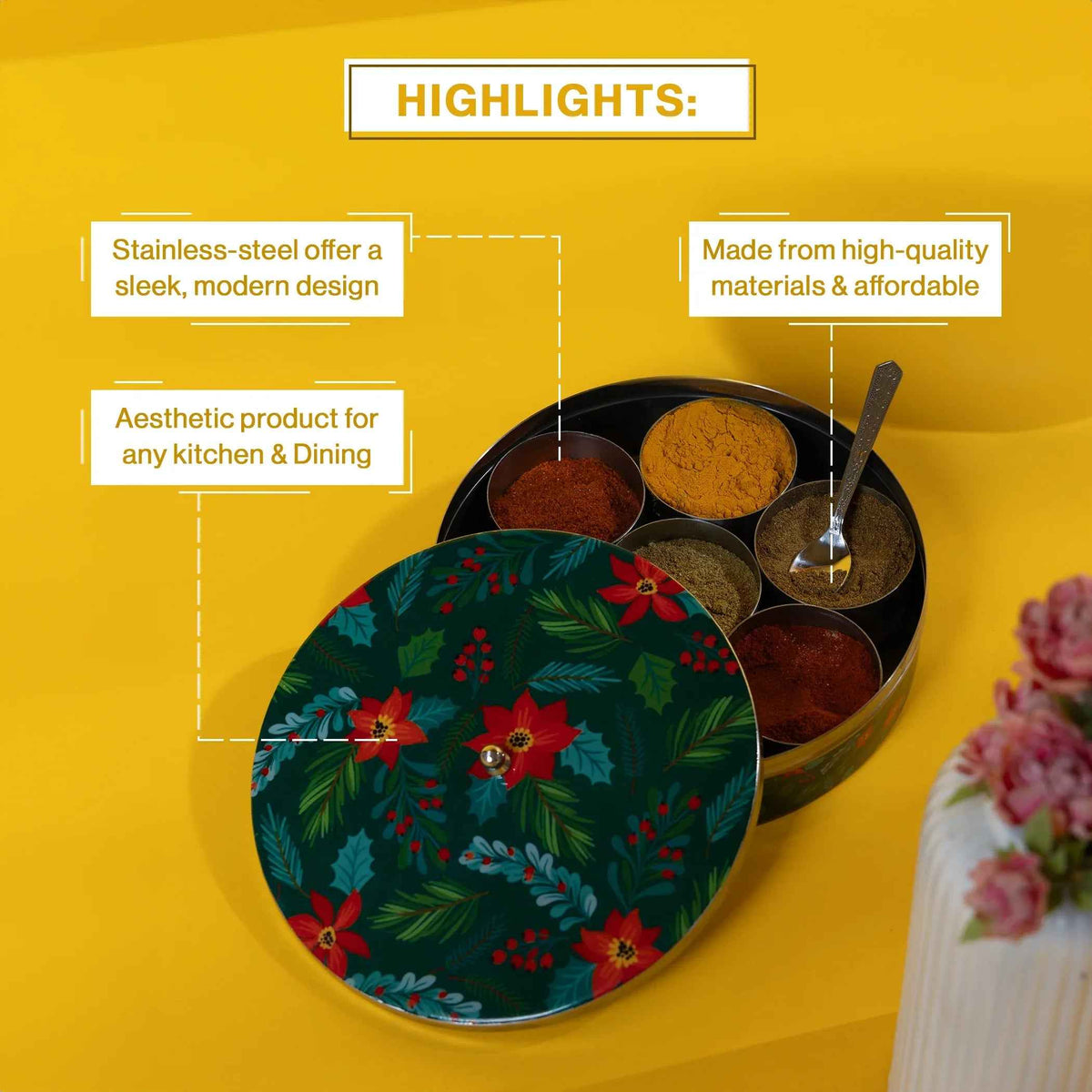 Premium Stainless Steel Masala Box (Spice Box) in Forest Bloom