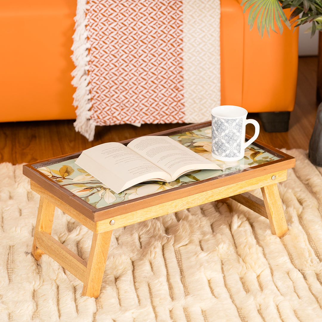 Mango Wood Handmade Fixed Green Magnolia Laptop Table with Epoxy Resin