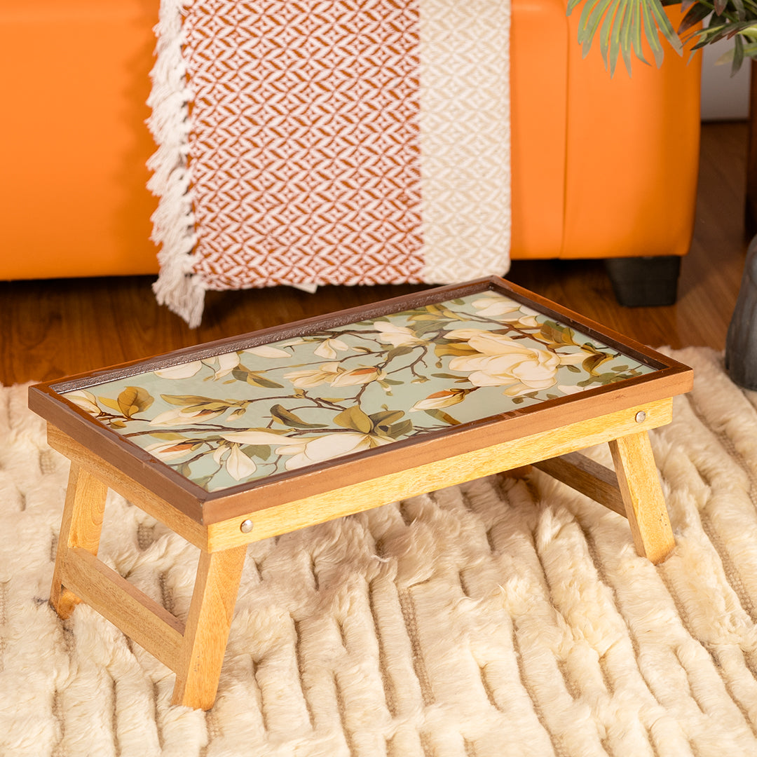 Mango Wood Handmade Fixed Green Magnolia Laptop Table with Epoxy Resin